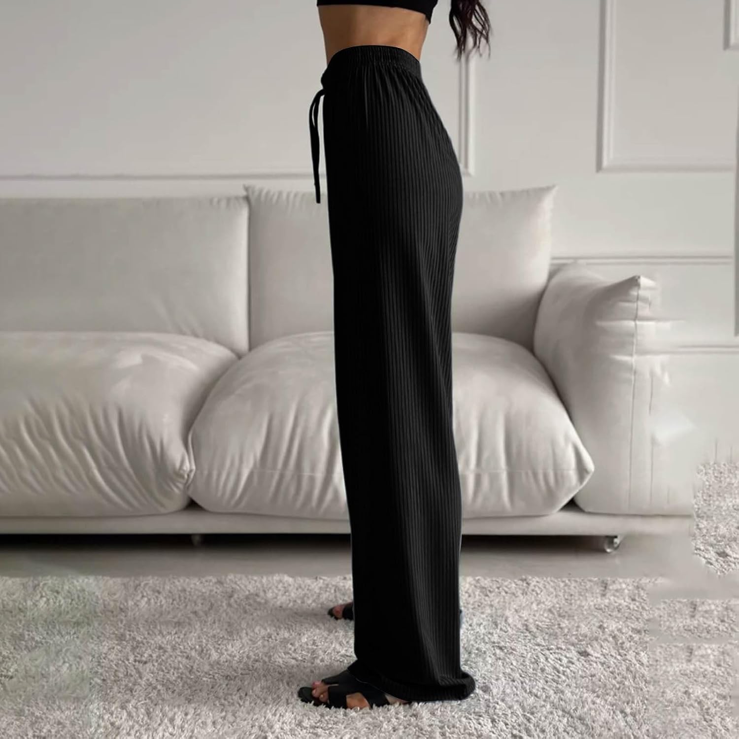 Women's Wide Leg Sweatpant Drawstring High Waisted Ribbed Baggy Lounge Pant Fashion Solid Sport Summer Fall Trouser