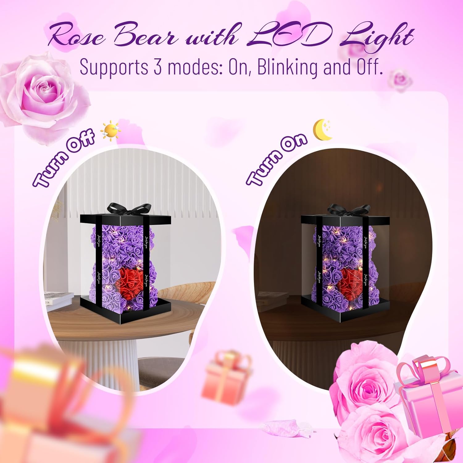 Otlonpe Cute Bear Rose Flower with Light | Women Gifts & Indoor Table Decorations for Christmas, Valentines, Mothers Day, Birthday, Anniversary | Handmade Gifts for Women Mom Wife Girlfriend (Purple) - Image 4