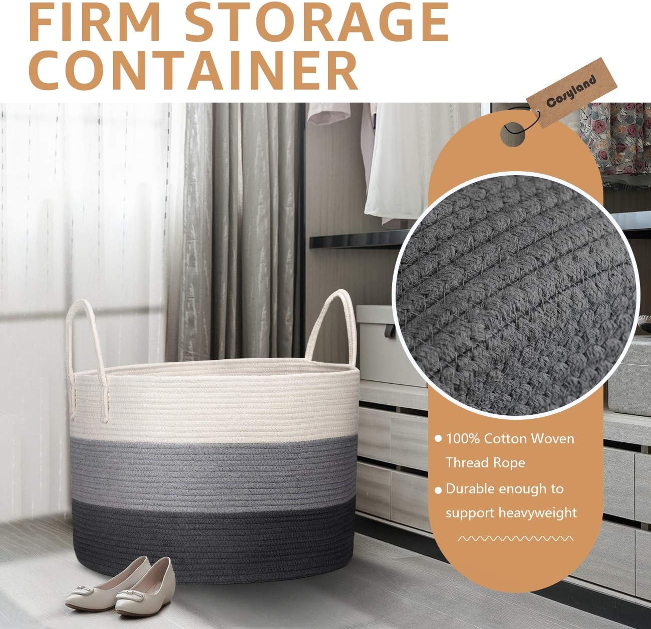 COSYLAND Extra Large 22.1“x22.1“x14.2“ Storage Laundry Basket Woven Cotton Rope Organizer for Blanket Toys Towels Baby Nursery Hamper Bin with Handle : Baby