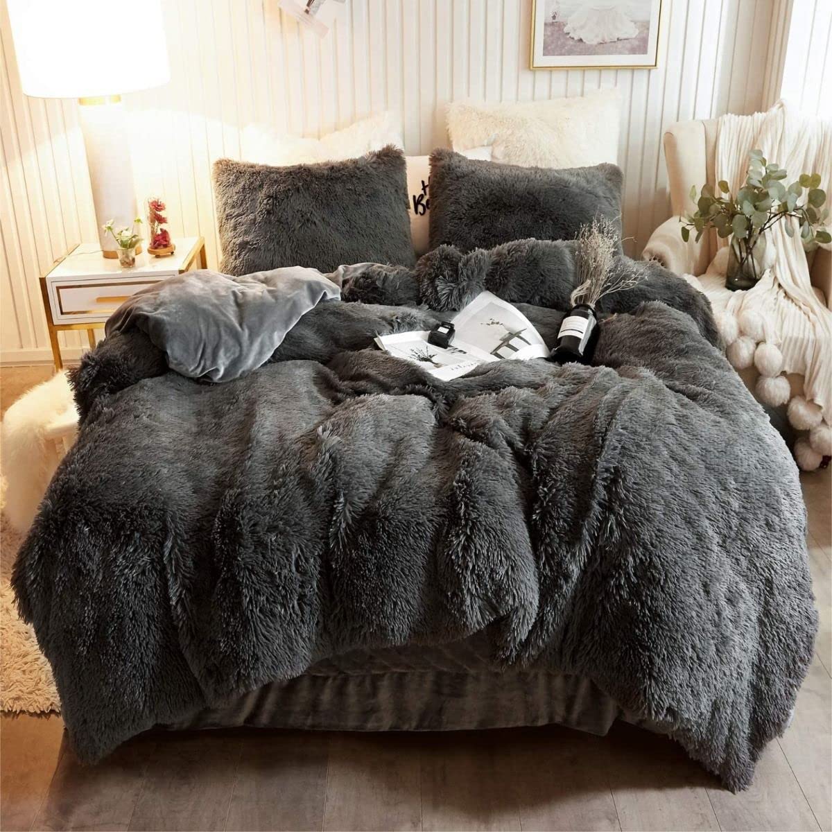 Teddy Fleece Bedding Set, Snuggle Cuddle Hugg Snug Sherpa Duvet Cover with Pillowcase – Super Soft, Fluffy & Warm Thermal Winter Bed Set – Cozy Plush Blanket Feel (Charcoal, double) — image 1