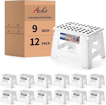 ACKO 12-Pack Folding Step Stool - 9 Inch, 300 lb Capacity Plastic Foldable for Kids and Adults - Suitable for Kitchen, with Handle, White, Small