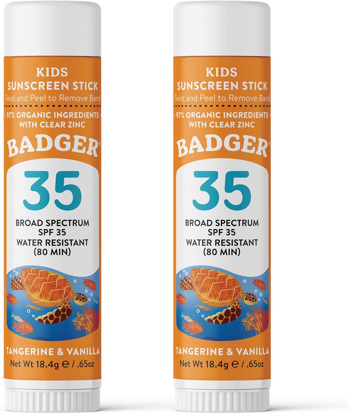 Badger Kids Sunscreen Stick SPF 35 with Mineral Zinc Oxide, Travel Size Sunscreen Stick for Kids, 97% Organic Ingredients, Reef Friendly, Broad Spectrum, Water Resistant, 65 oz (2 Pack)