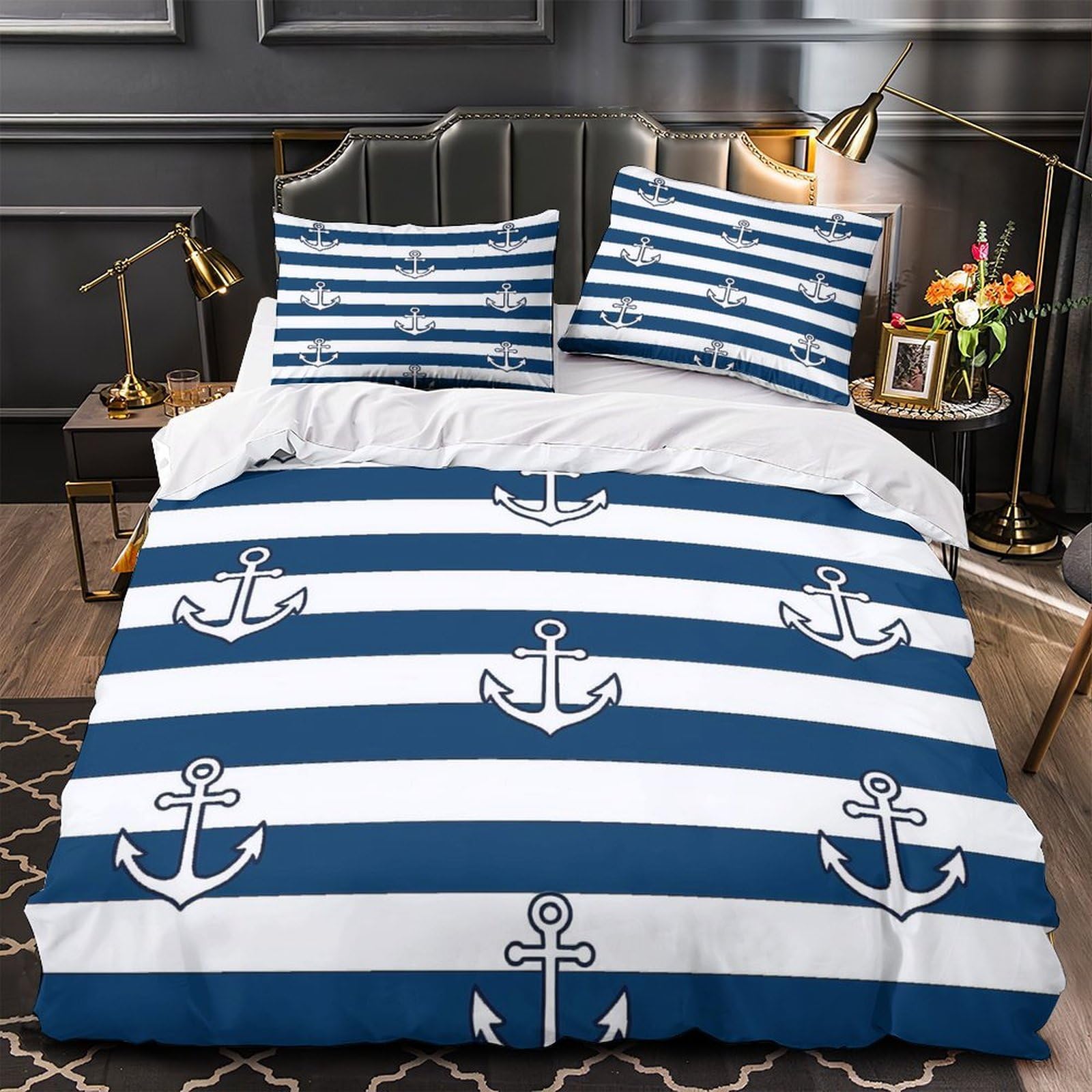 Housse de couette ancres nautiques hypoallergique pour stopper les allergies d'ado 135x200