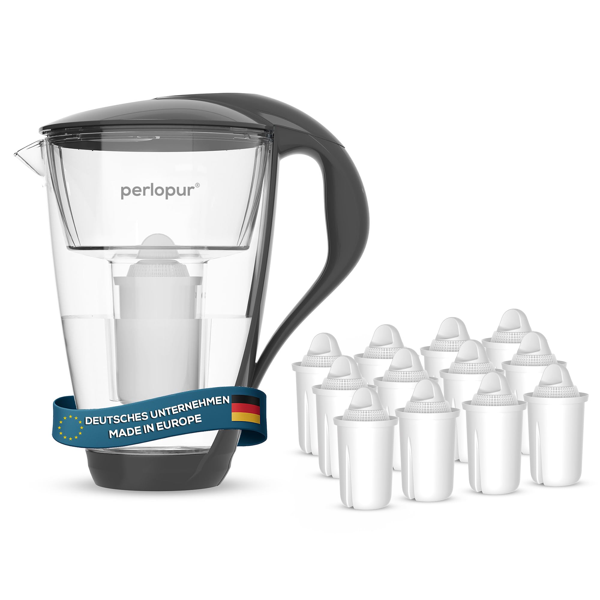 PearlCo - Filtro per acqua in vetro (antracite) con 12 cartucce filtrante Universal classic - adatto per Brita Classic