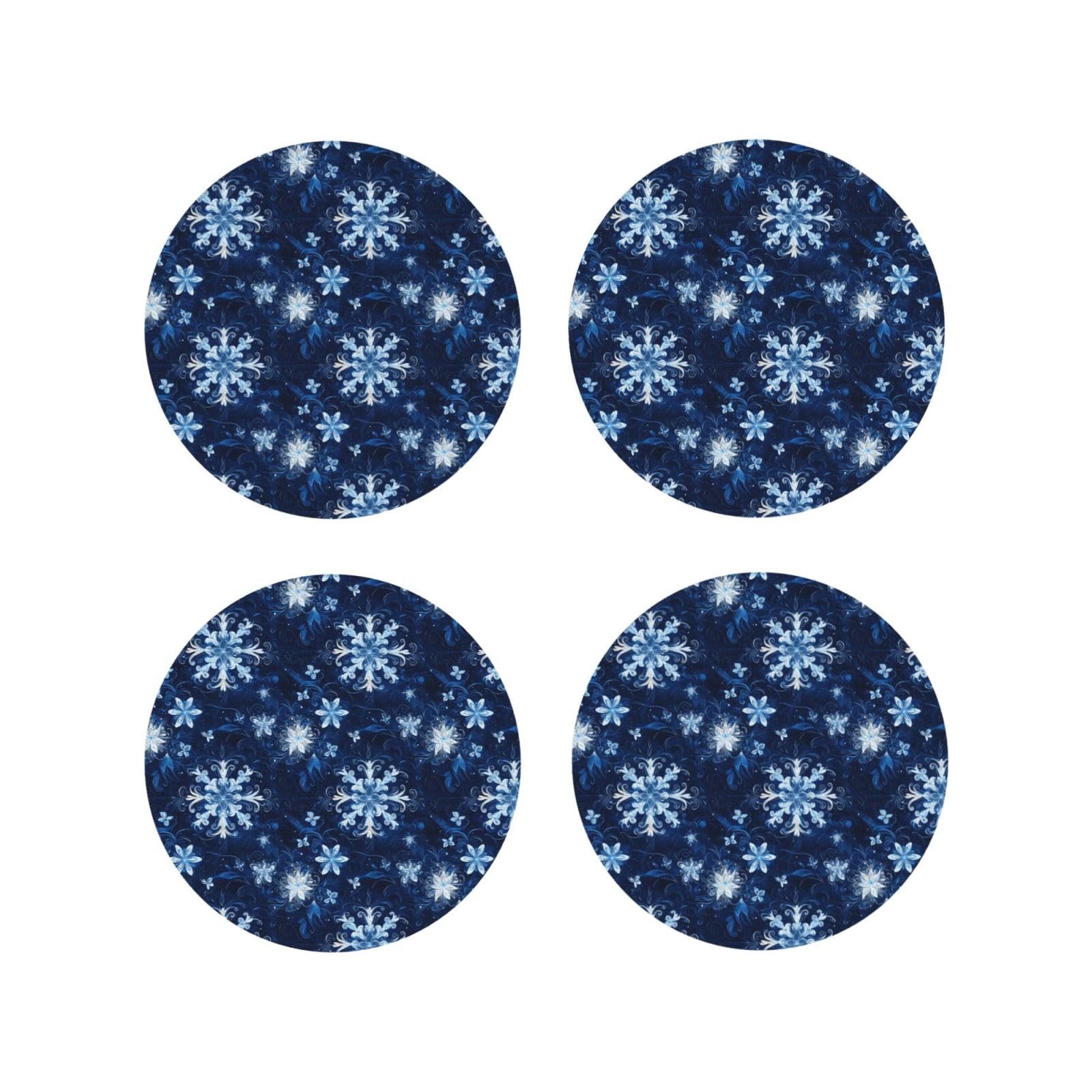 Leather Coasters Set of 4 - Blue Snowflake Pattern Print Lightweight Drink Coasters for Desk