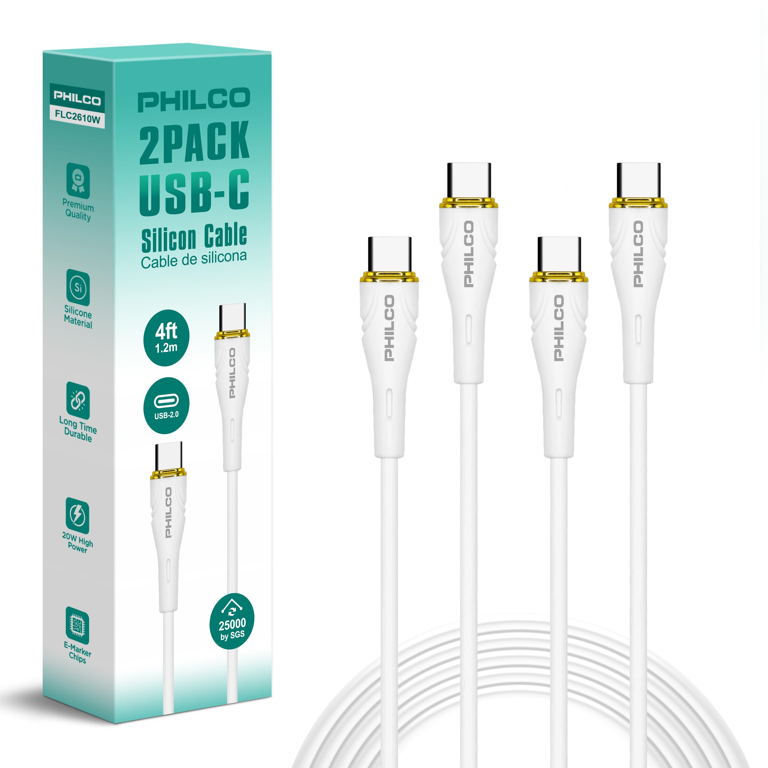Philco USB C to USB C Cable, Type C Fast Charging Cable, 4FT, 20W Silicone Tangle Free USBC Cable for iPhone 15,16, MacBook Pro, iPad Air 4, iPad Pro & More (2, White)