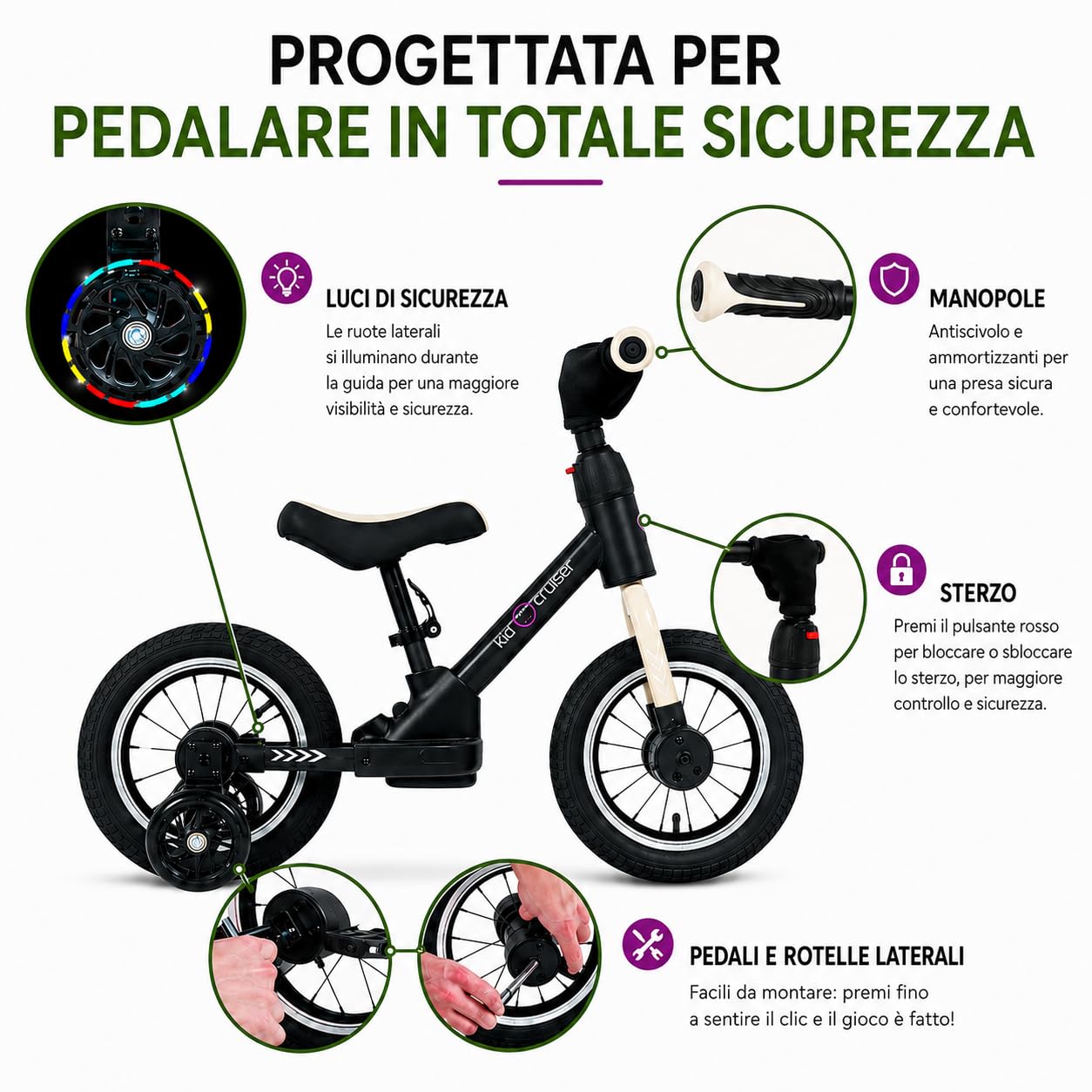 Kidcruiser Pedalplay bicicletta senza pedali 2 anni 3‑in‑1 con rotelle LED e pedali, telaio modulare