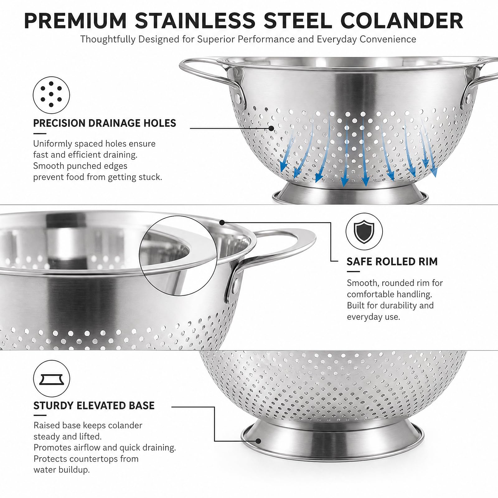 Juego de 3 coladores para pasta (acero inoxidable, 20/24/26 cm)