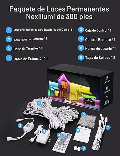 Miniatura 7 de Nexillumi - Luces permanentes para exteriores de 300 pies para casa, nuevas luces navideñas RGB inteligentes 2025 para exteriores con control remoto