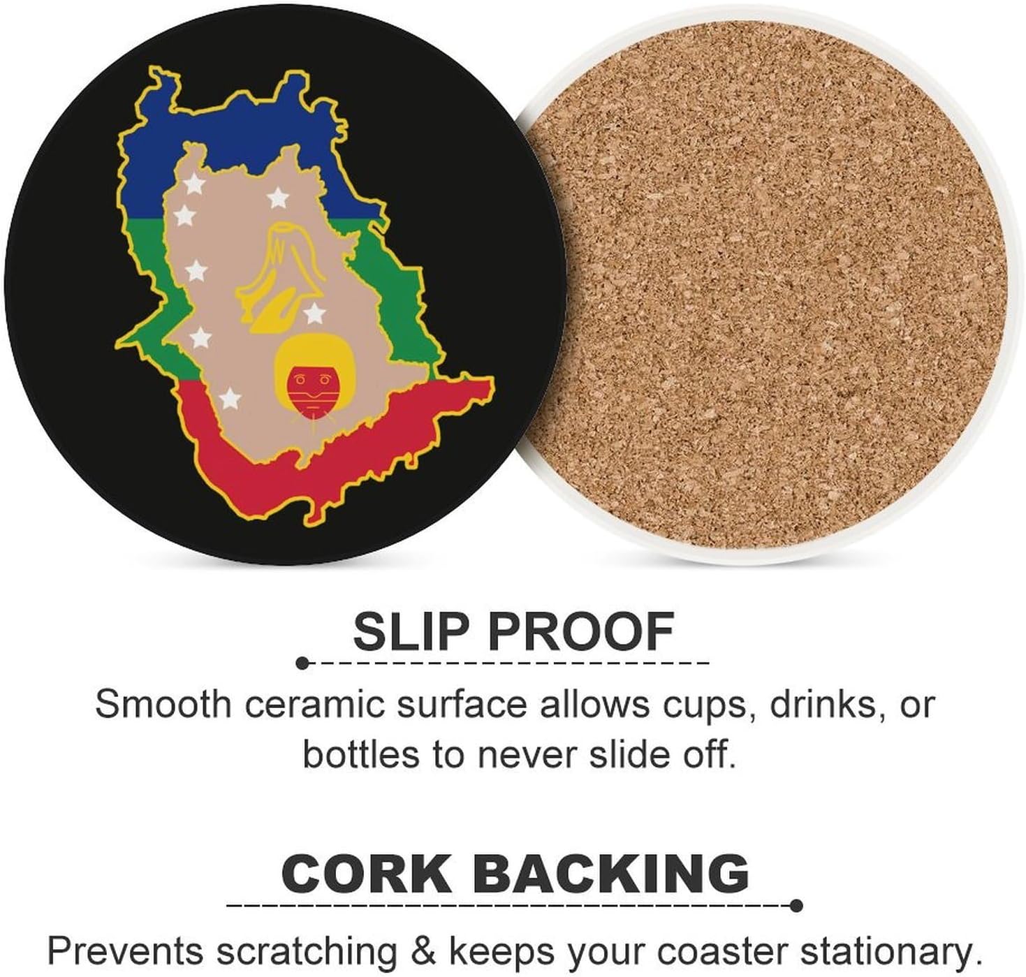 Flag Map of Amazonas Venezuela Round Ceramic Coasters for Drinks Absorbent Cup Holder Tabletop Protector with Cork Base