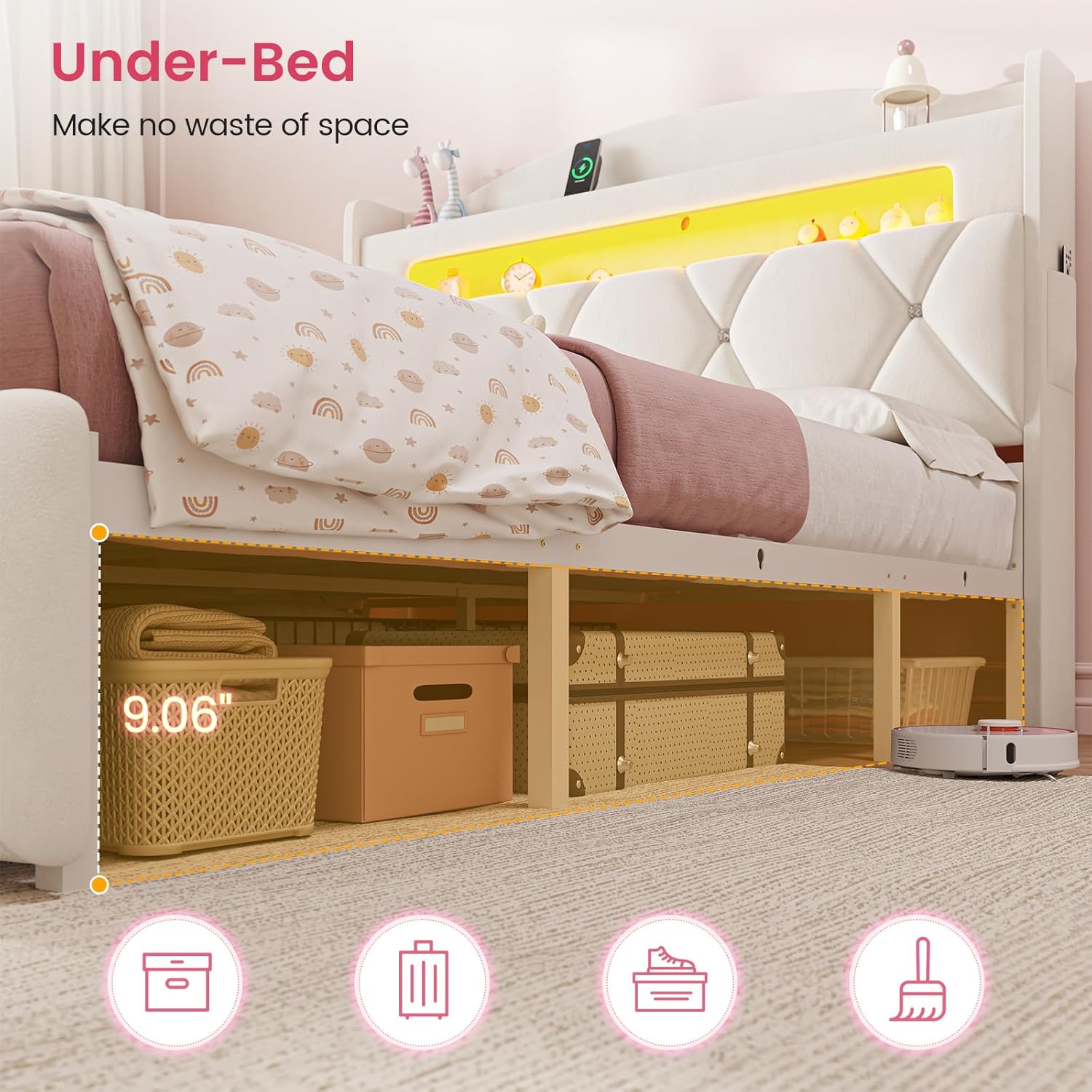 DICTAC Full Size Bed Frame with 3 Large Storage Drawers, Storage Headboard with LED Lights & Power Outlets, Tufted Velvet Upholstered Princess Platform Bed for Kids, Heavy-Duty Metal Support, Beige