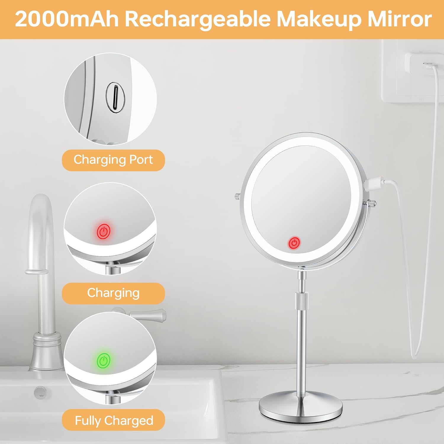 Makeup Mirror with Lights, Height-Adjustable Lighted Makeup Mirror with 1X/20X Magnification, 360° Swivel Rechargeable Double Sided Vanity Mirror with 3 Color Dimmable Lights, Gifts for Women