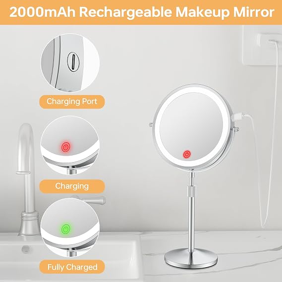 Makeup Mirror with Lights, Height-Adjustable Lighted Makeup Mirror with 1X/20X Magnification, 360 Swivel Rechargeable Double Sided Vanity Mirror with 3 Color Dimmable Lights, Gifts for Women