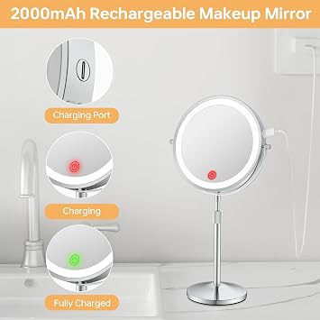 Makeup Mirror with Lights, Height-Adjustable Lighted Makeup Mirror with 1X/20X Magnification, 360 Swivel Rechargeable Double Sided Vanity Mirror with 3 Color Dimmable Lights, Gifts for Women