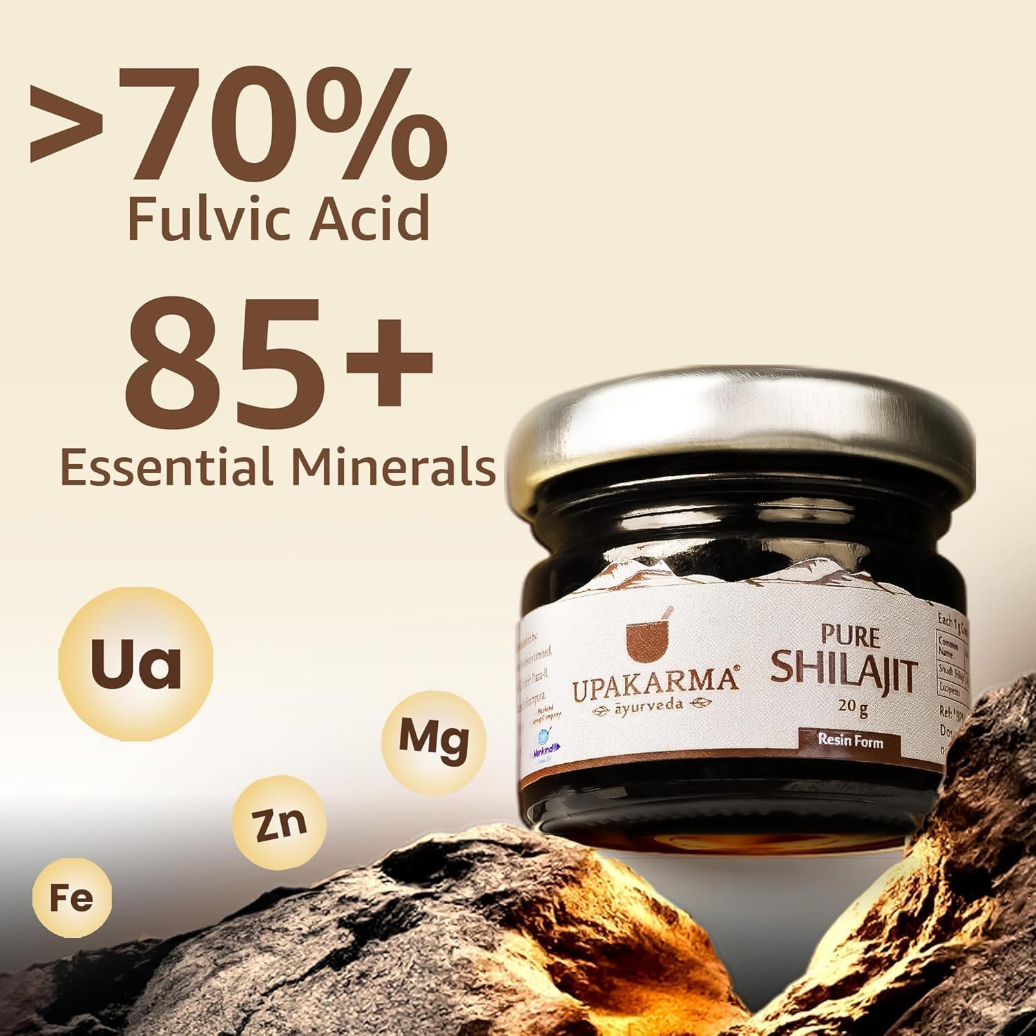 UPAKARMA Pure Shilajit Resin 20g for Men & Women | Boosts Stamina & Strength | 85+ Essential Minerals, Magnesium, Urolithin A | 3rd Party Lab-Test Report