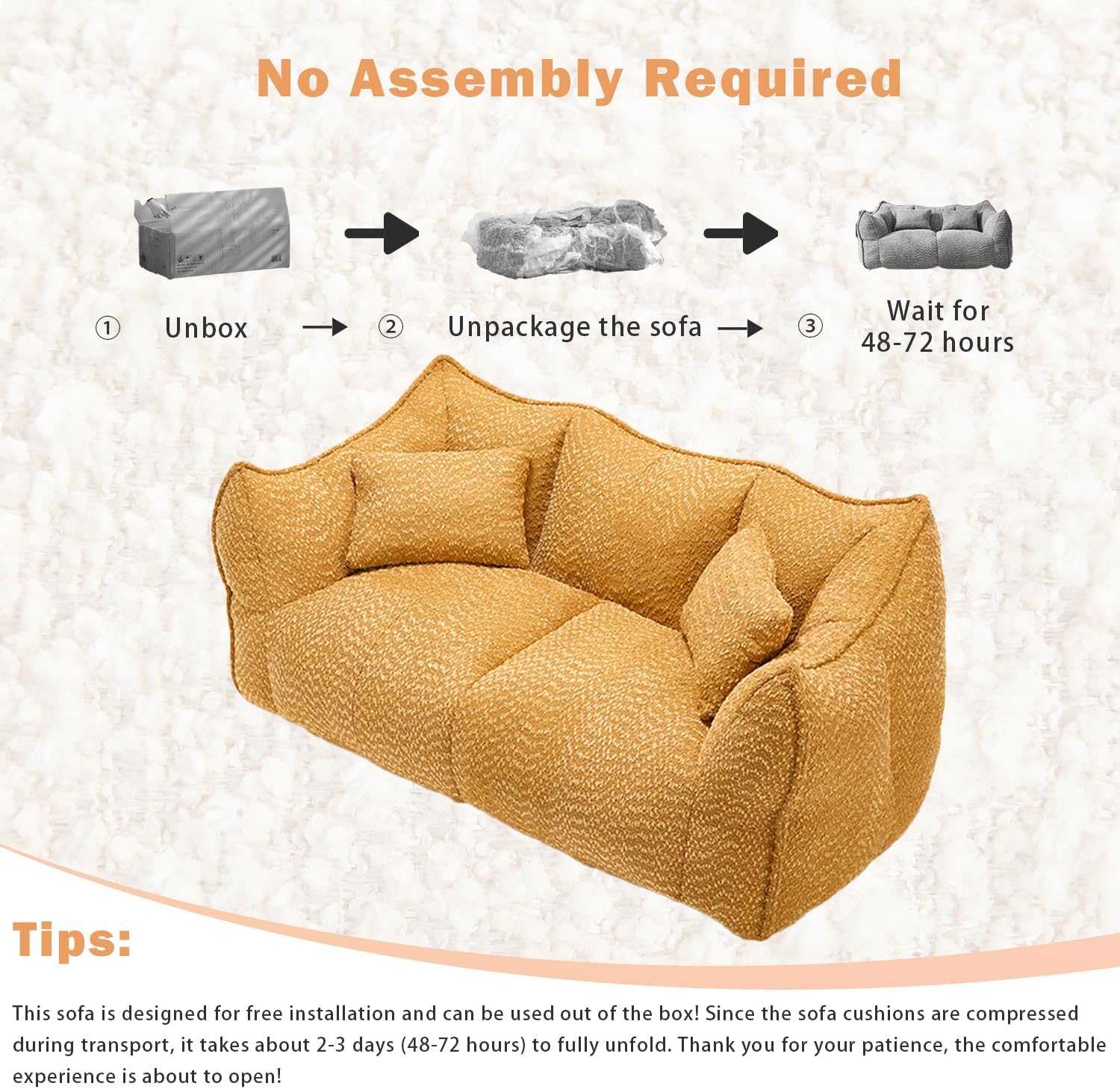 73" W Chenille Beanbag Chair, 2-Seater Bean Bag Sofa with Spacious Design, Loveseat Fireside Chair for Adults, Compression Sofa with 2 Pillows for Living Room, No Assembly Required (Yellow)