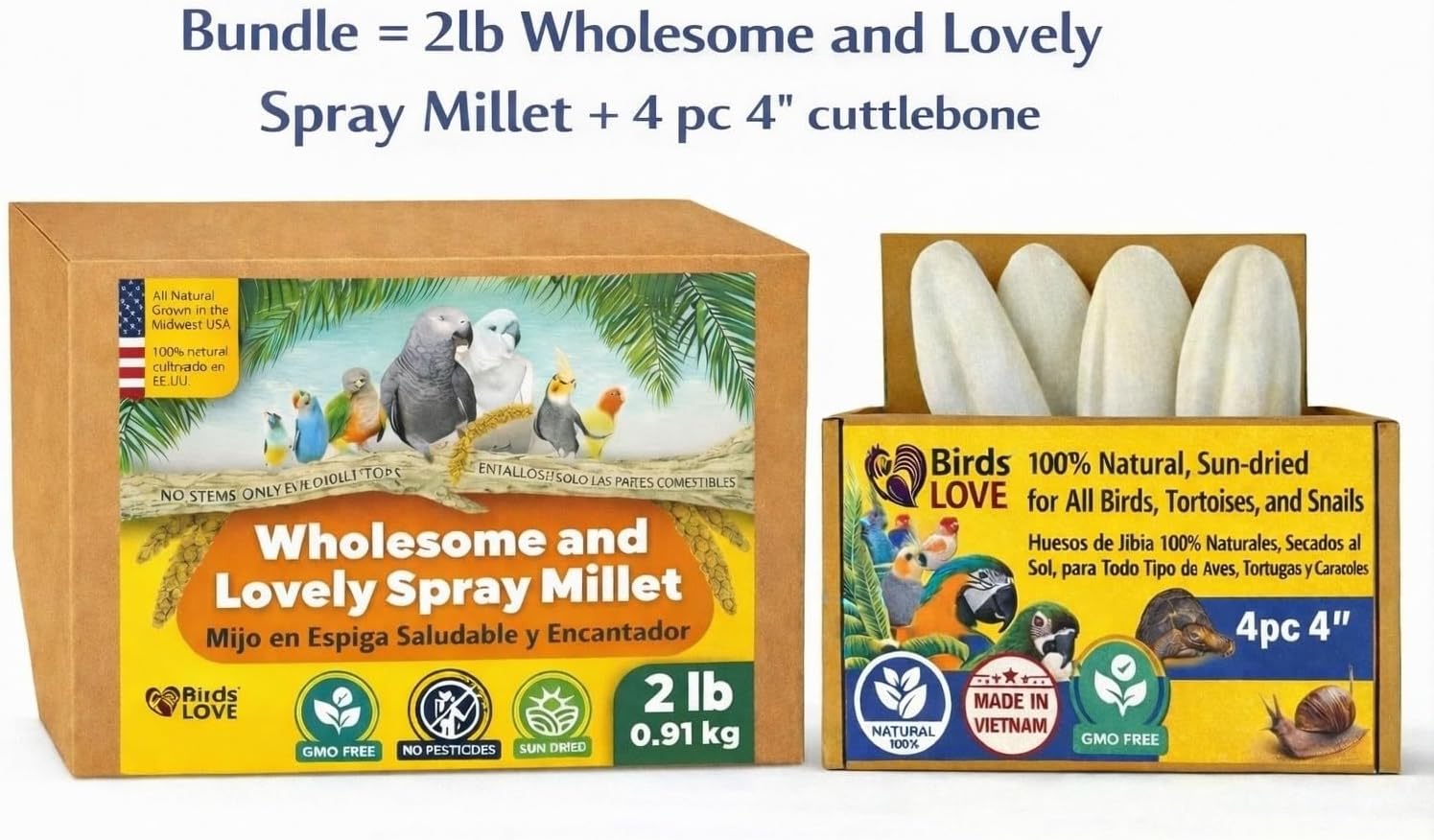 Farm to Feathers™ Wholesome Spray Bird Millet & Cuttlebone Bundle – USA Grown Millet Sprays for Parakeets, Budgies, Cockatiels, Finches & Canaries – 2 lb Wholesome Millet + 4” Cuttlebone (4 Pack)
