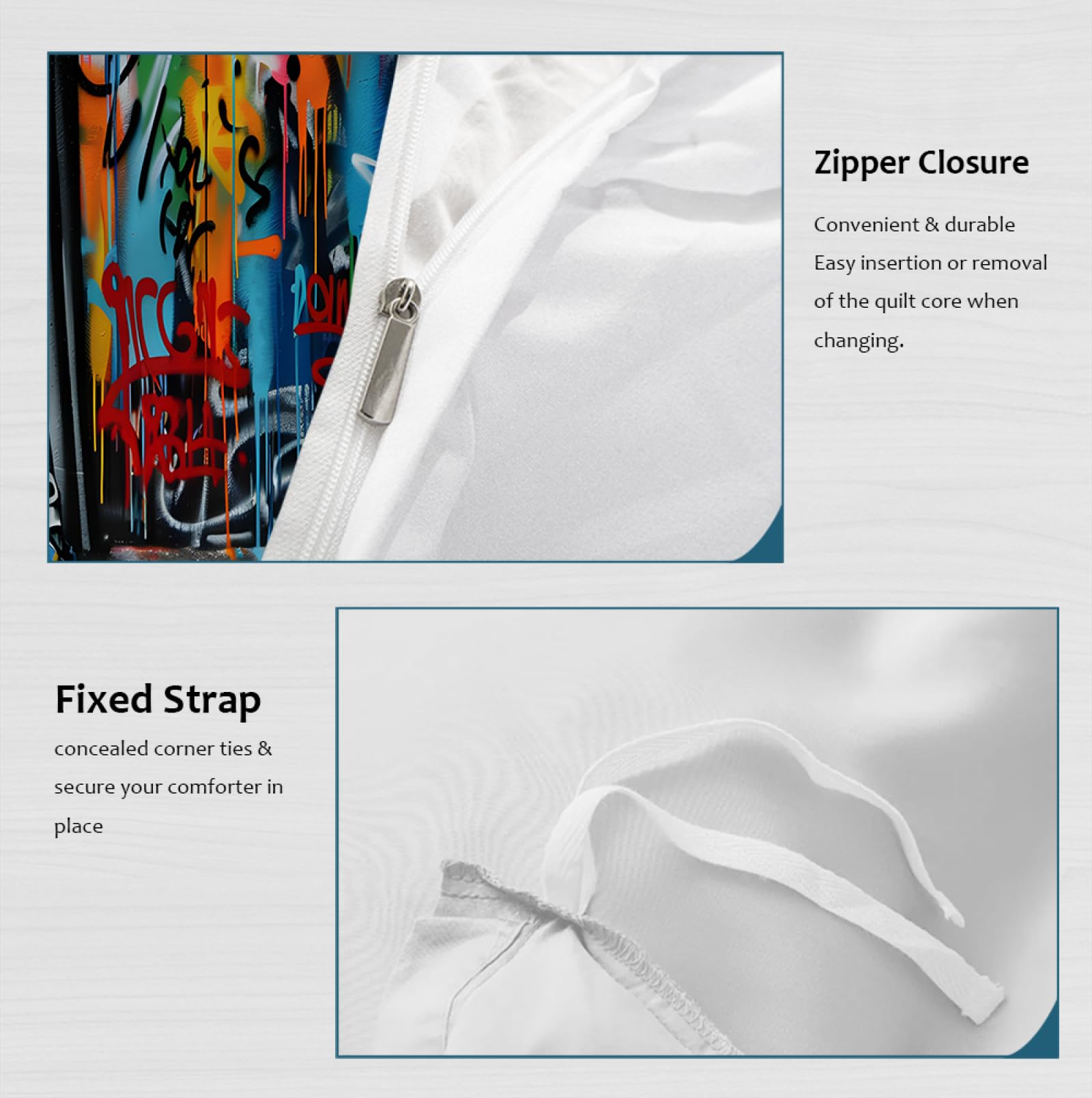 Colorido Estilo Graffiti Funda de Edredón Set 3 Piezas Lindo Niño Tirando de Las Cortinas Juego de Ropa de Cama con 2 Almohadas Shams Cremallera y 4 Lazos 140 x 220 cm