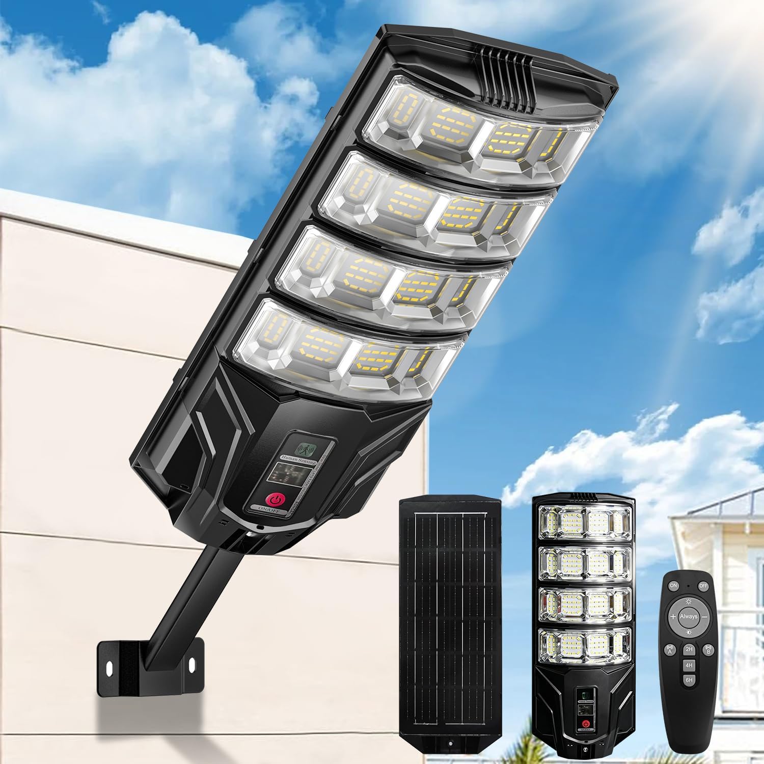Solar Street Lights Outdoor, IP65 Waterproof Solar Motion Sensor Lights with Remote Control, Outdoor LED Flood Light Wide Angle Range for Outside Patio, Yard, Entryway Garage, Parking Lot, Porch, Farm