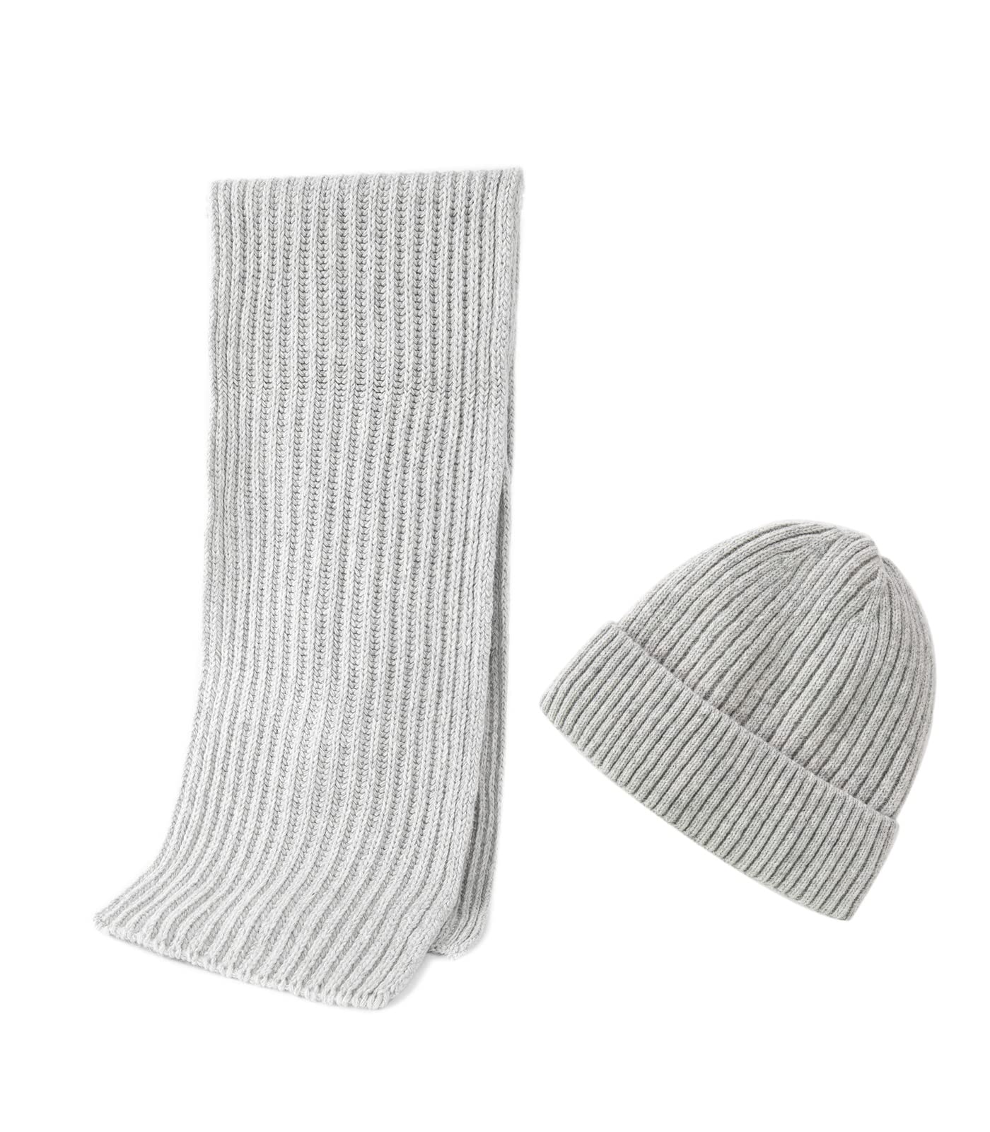 Embouro 2PCS Merino Wool Knit Beanie Scarf Set for Men & Women, Winter Soft Warm Long Scarves with Wool Beanie Hat (Grey)