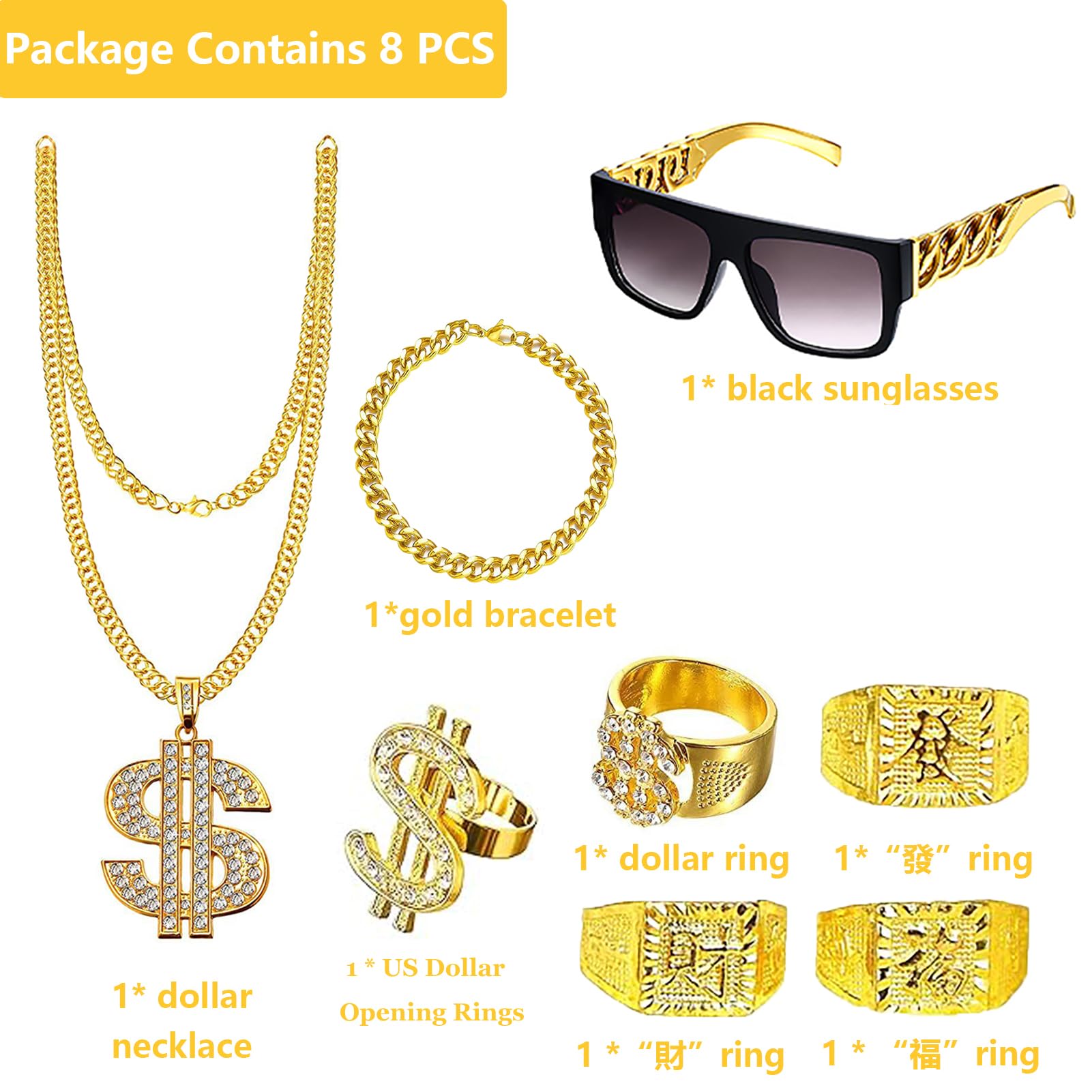 DONGZQAN Pack of 8 costume gold chain fancy dress, hip hop rapper costume, 80s/90s outfit - Image 2