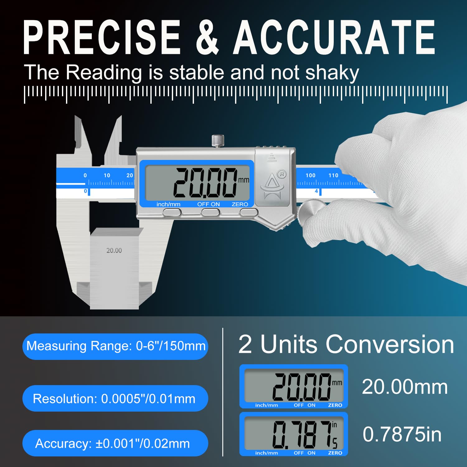 Calibro Digitale,Precisione Calibri In Acciaio Inox 150mm Con Ampio Display Lcd Calibro Digitale Per Misurazione Esterne,Interne,Profondità e Di Passo,3 Batterie,Spegnimento Automatico