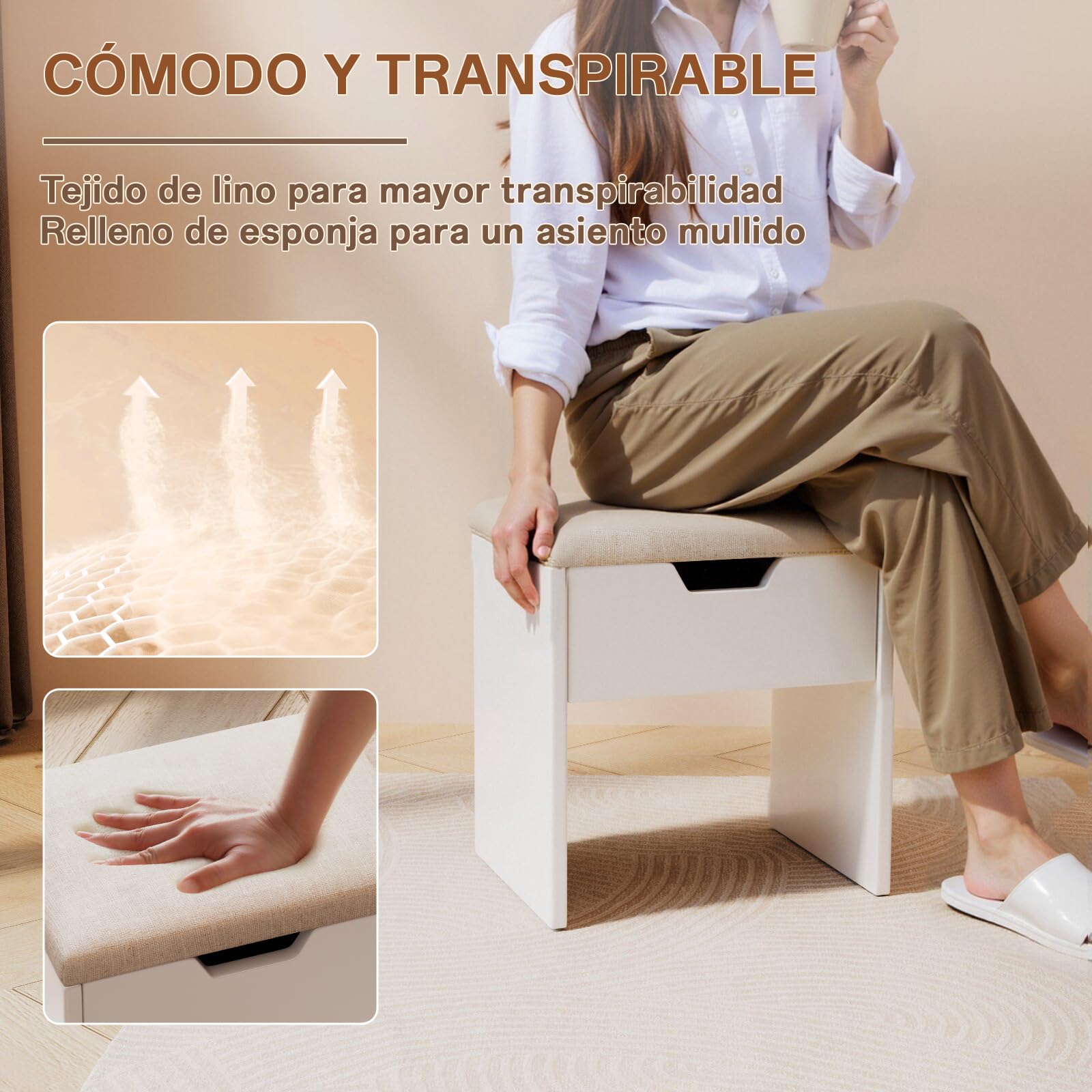 Airfish Taburete Tocador Cómodos con Almacenaje, Silla Tocador Transpirable y Fresco, Baul Banco Almacenaje Tapizado, Reposapies Salon Sofa para Dormitorio, Vestidor, Entrada, Moderno Blanco