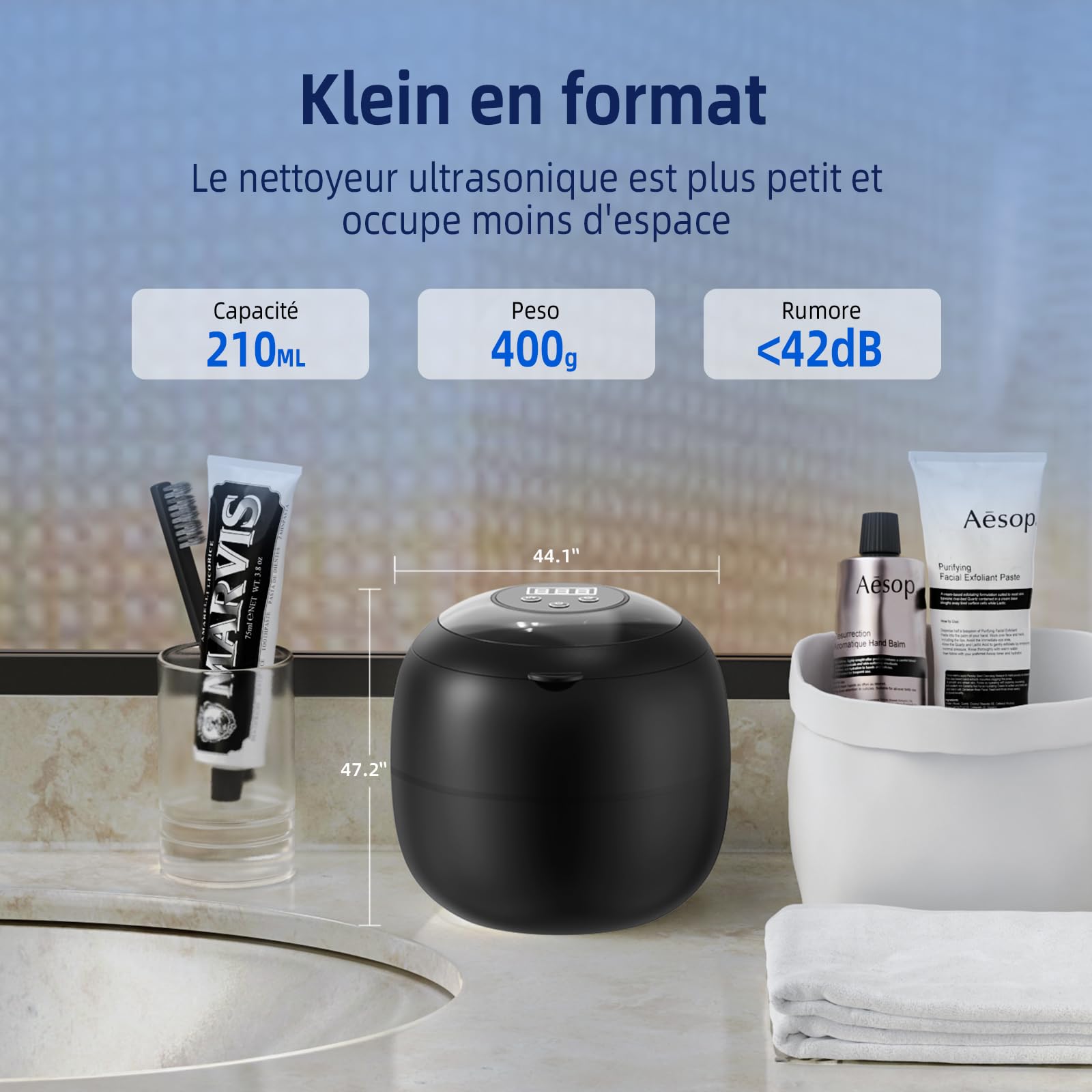 Nettoyeur Ultrasons sans Fil 48000Hz 210ML Bac Ultrasons Rechargeable Dental Pod 6 UV Lampe 4 Modes pour Prothèses Dentaires Gouttière Retainer Bijoux