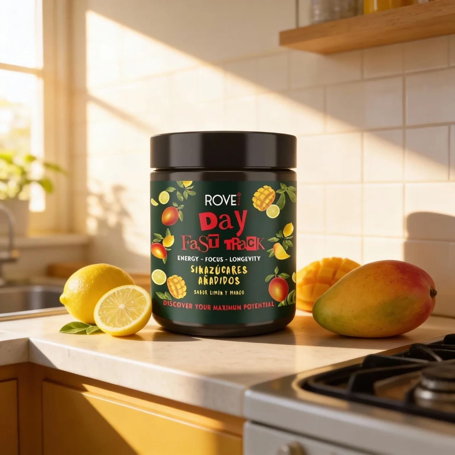Fórmula Todo en Uno de Energía, Enfoque y Longevidad, Sin Azúcar, con Ashwagandha KSM-66, Cordyceps, Melena de León, Vitaminas y Probióticos – Day Fast Track | Rove Vital