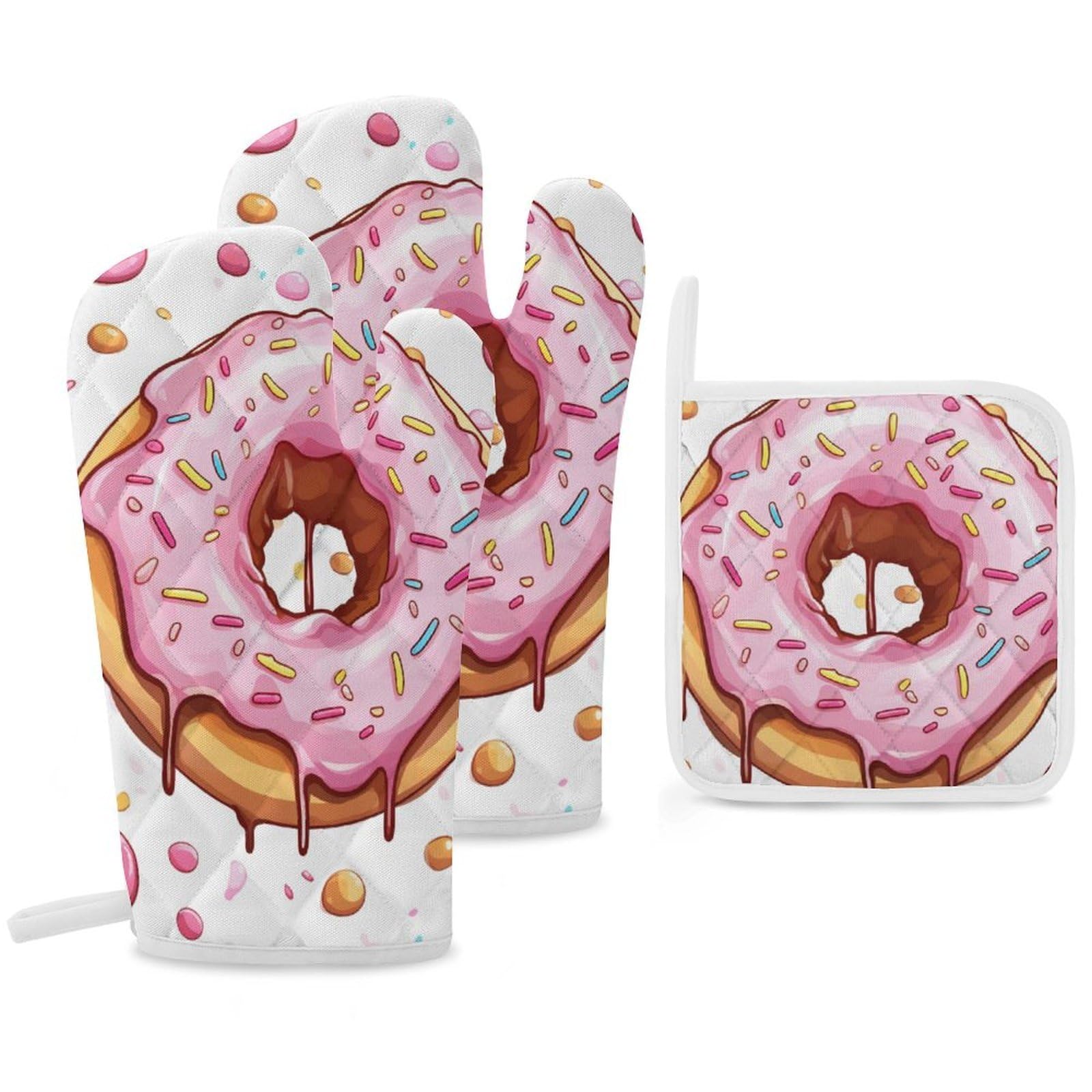 Oven Mitts and Pot Holders Set of 3 Heat Resistant Non-Slip Kitchen Gloves Hot Pads Donut Mittens Gloves Non-Slip Potholders for Cooking Baking Grilling BBQ