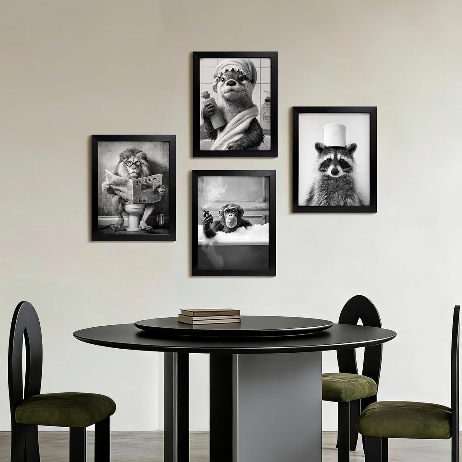 Zessonic Funny Animals Wall Art, 4 Pieces Black and White Wall Decor, Cute Animals Framed Pictures Wall Painting, Funny Bathroom Sign Artwork, Raccoon Prints Home Decor, 8x10inch