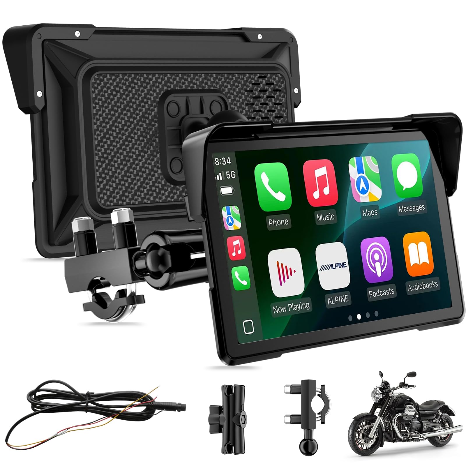 7 Pulgadas Pantalla Carplay de Motocicleta, IPX67 Impermeable, para CarPlay y Android Auto con Bluetooth Dual, Control de Voz, GPS, Detección de presión de neumáticos