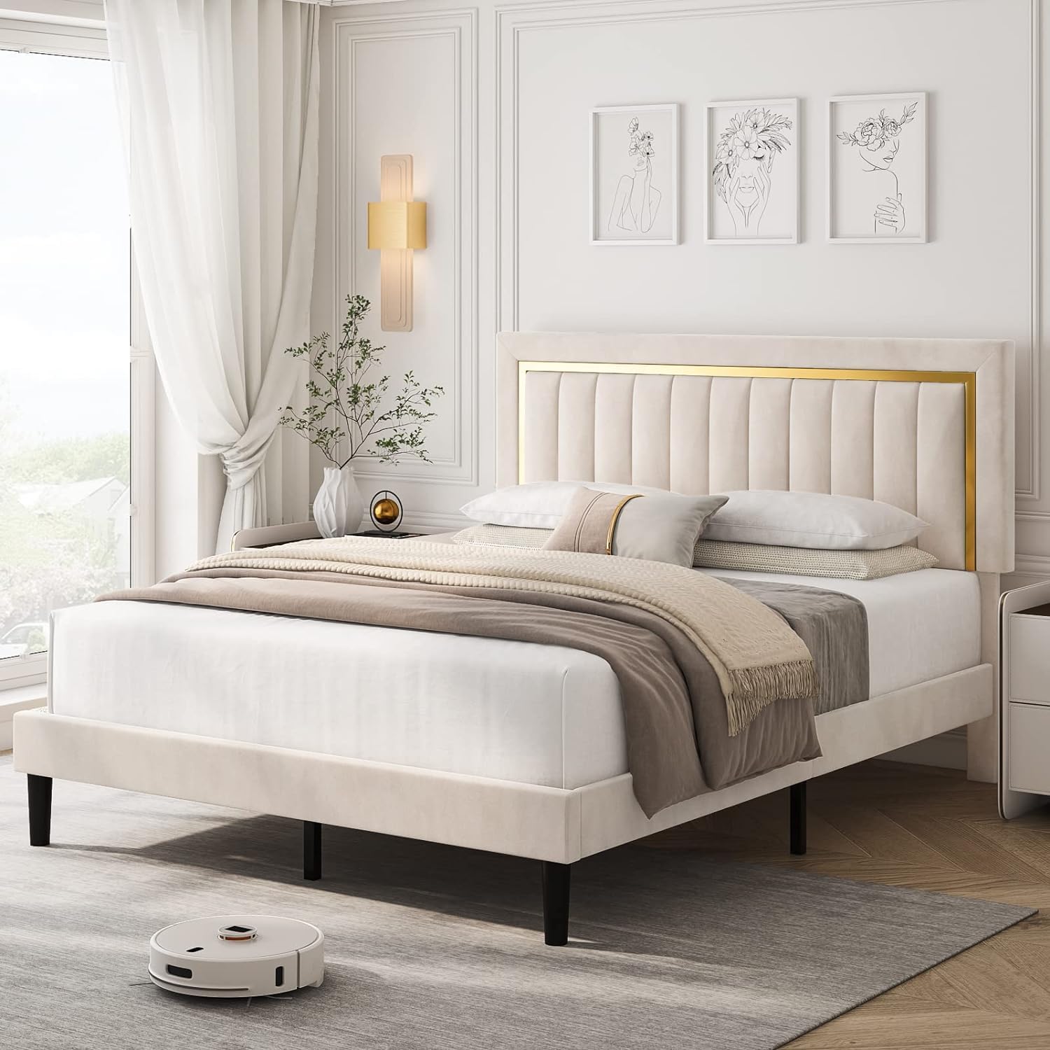 Wood Upholstered Queen Size Double Bed for Bedroom | Platform Cot Bed Frame with Gold Trim (Queen, Beige)