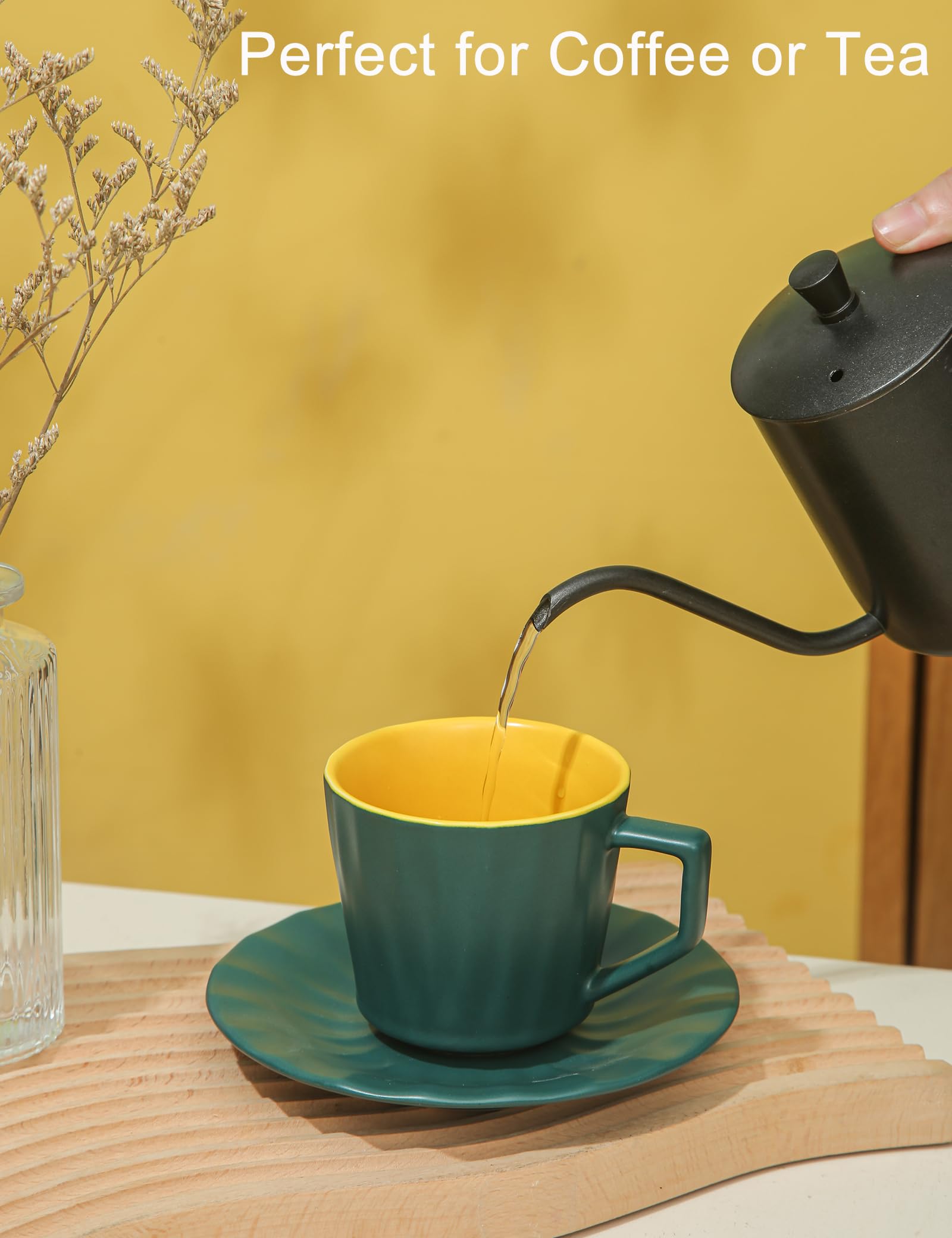 Juego de 4 tazas y platillos de té, tazas grandes de espresso de 7.5 onzas, taza de café de porcelana y platillo, taza de café apta para lavavajillas y microondas, para capuchino, latte,