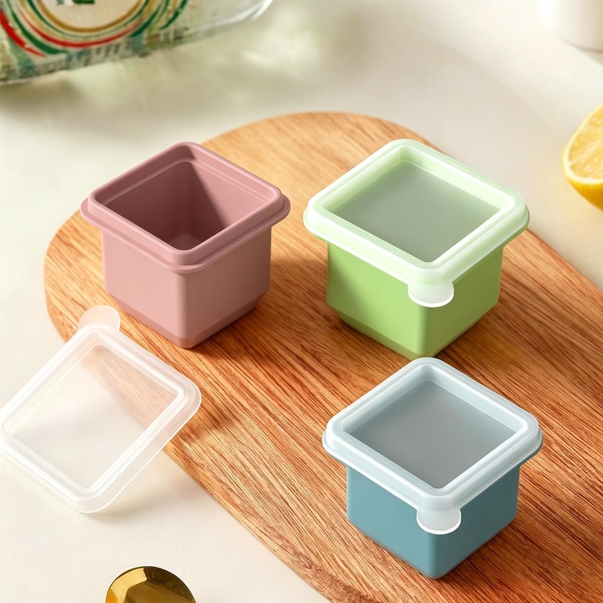 Silicone Freezer Tray with Lid, 4 Pack, 1/2 Cup Reusable Food Mold, Meal Prep Container for Sauce Soup Freezing, Half-Cup Portion Cubes