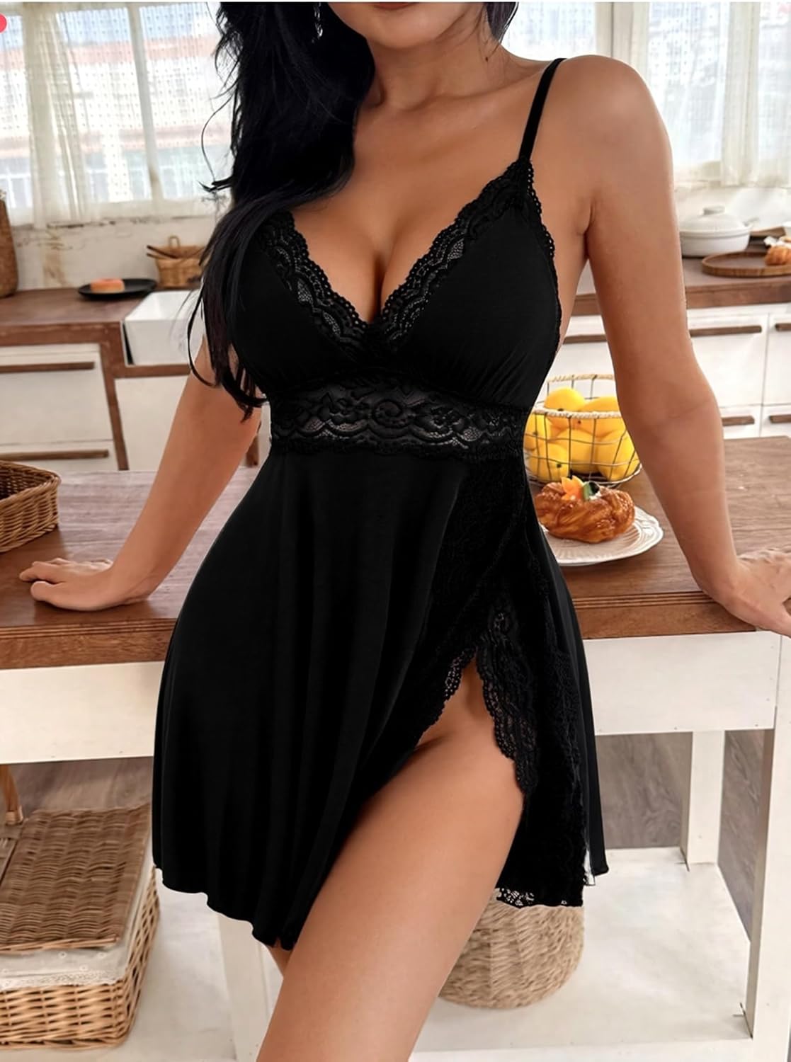 BemorRun Sexy Night Gowns for Woman Sexy Sleepwear Lace Chemise V-Neck Babydoll Lingerie Slip Nightie with Side Slits