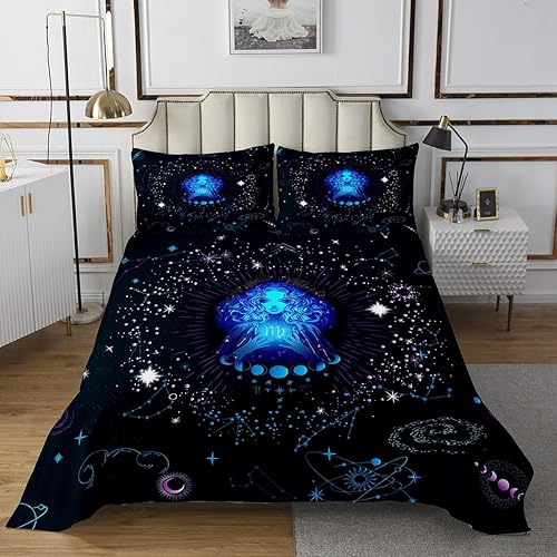 Miniatura 2 de Erosebridal Virgo - Juego de colcha de tamaño Queen con constelaciones azul neón, juego de colcha de horóscopo, juego de ropa de cama hippie de fase