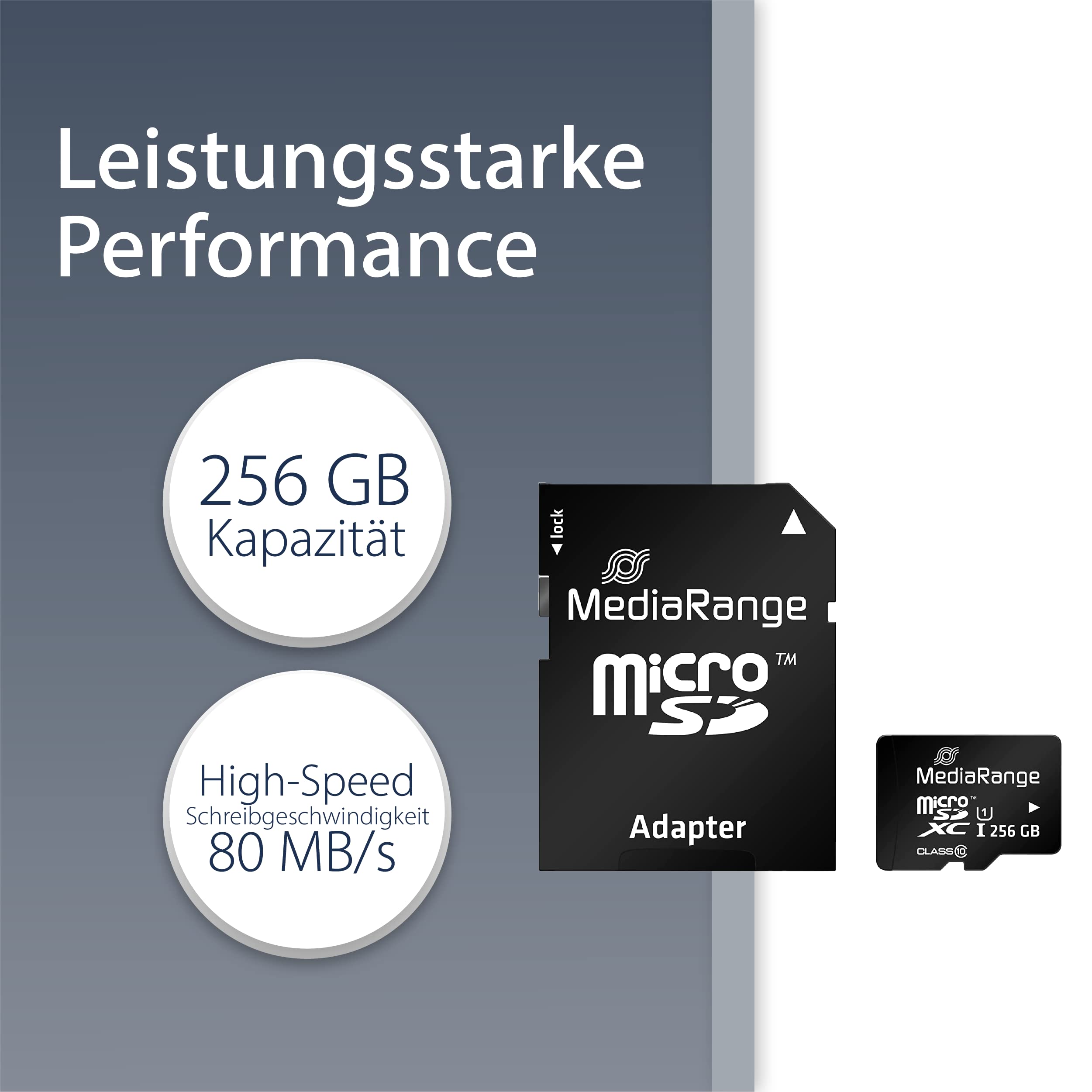 MediaRange Micro SDXC Memory Card with SD Adapter 256GB - Speed Class 10, Read Speed up to 80 MB/s, External Data Storage for Mobile Devices Such as Digital Cameras or Smartphones