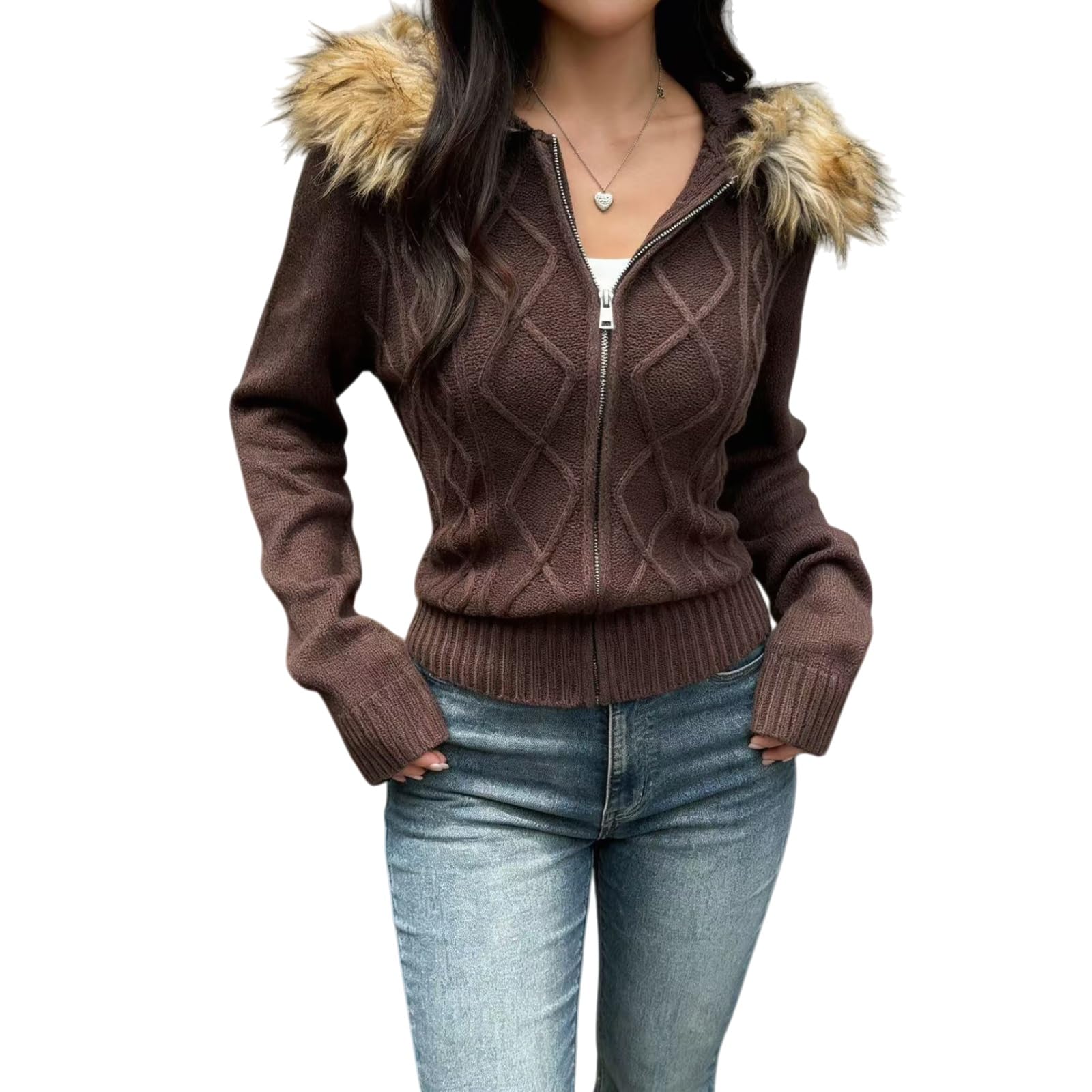 Womens Zip Knit Hoodies Y2K Long Sleeve Cropped Jacket Coat With Fur Trim Hood Grunge 00s Sweatshirt - M - brown