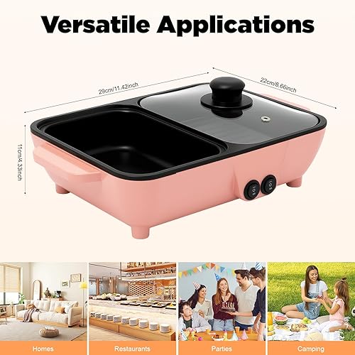 Miniatura 8 de Olla caliente 2 en 1 rosa con parrilla, olla caliente eléctrica de 1200 W, sin humo, antiadherente, para hornear y plancha, control de temperatura