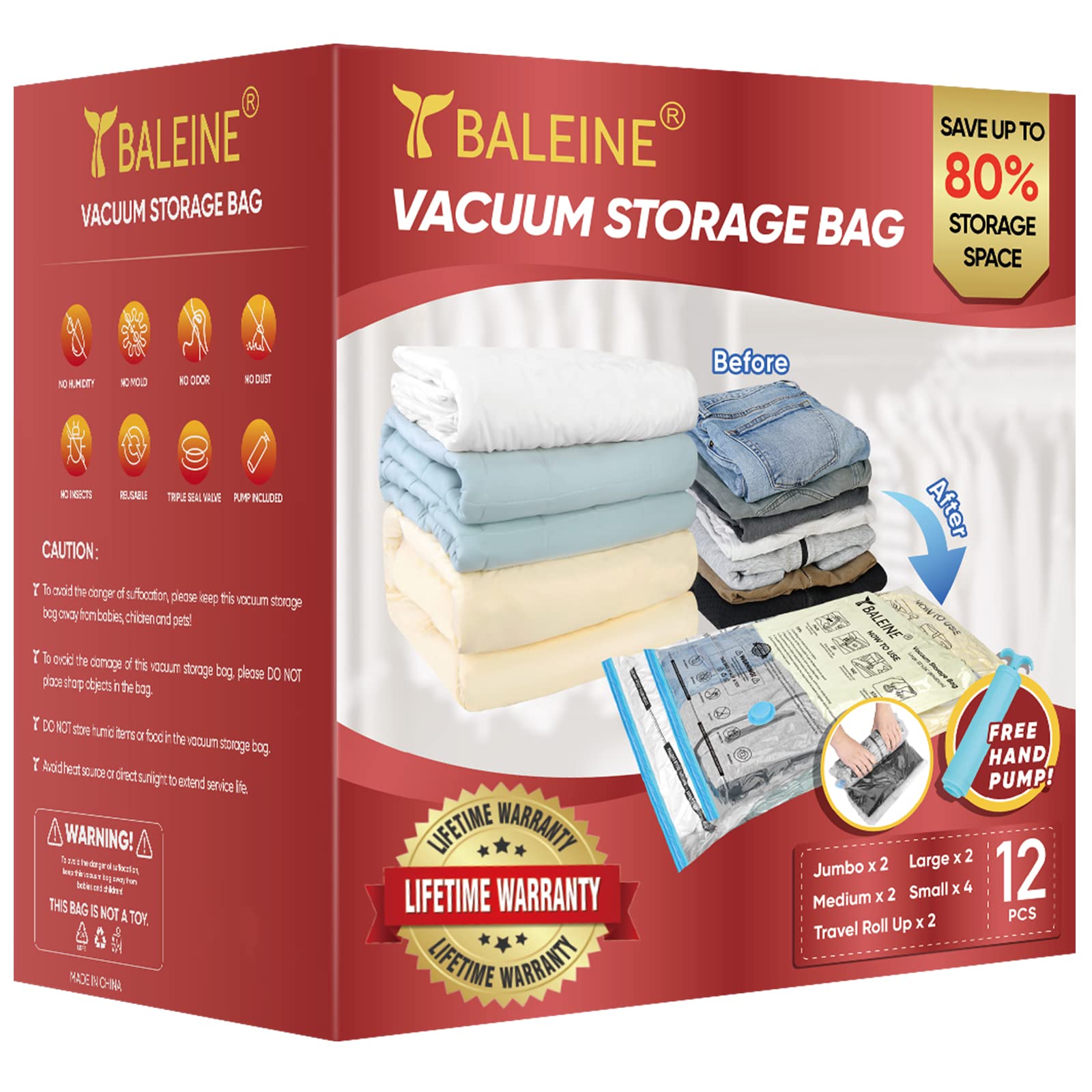 BALEINE Vacuum Storage Bag Space Saving Compression Sealer Bags for Moving, Hand Pump Included (Combo 12 Pack)