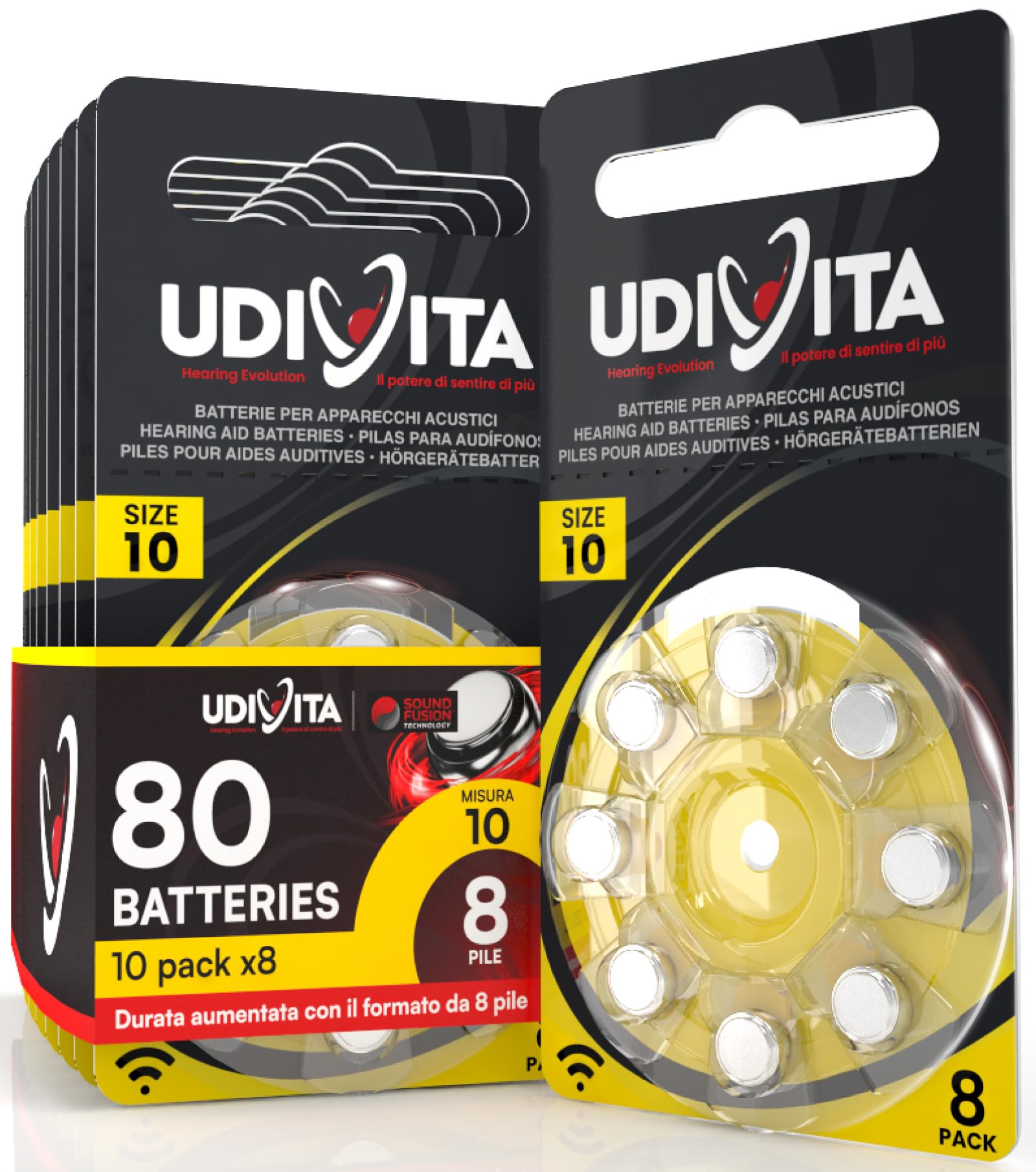 Udivita 80 Hearing Aid Batteries Size 10 PR70 (Yellow - Zinc Air) with Sound Fusion Technology for Acoustic Amplifier - 10 Blisters with 8 Batteries