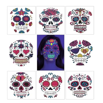 Day of the Dead Face Tattoos,Sugar Skull Sticker Floral Day Full Face Stickers Glow in The Dark for Halloween Temporary Face Makeup for Men Women Kids Party Favor Supplies 8Pcs