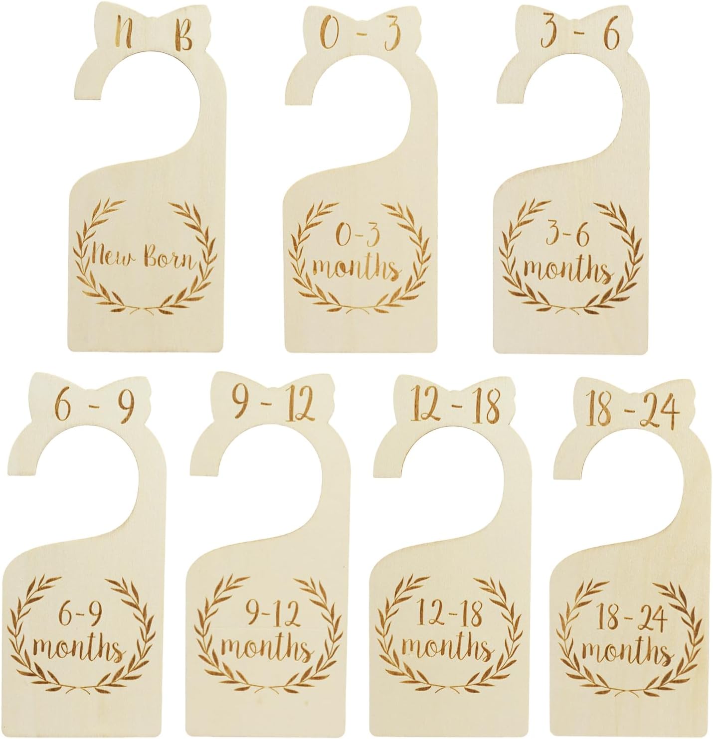 7 Pcs Closet Dividers Set, Pre-Labeled Wooden Hook-Style Size Tags, Easy Size Closet Organization & Storage for Nursery, Wardrobe, Bedroom & Closet Rods (0, 0-3, 3-6, 6-9, 9-12, 12-18, 18-24 Months)