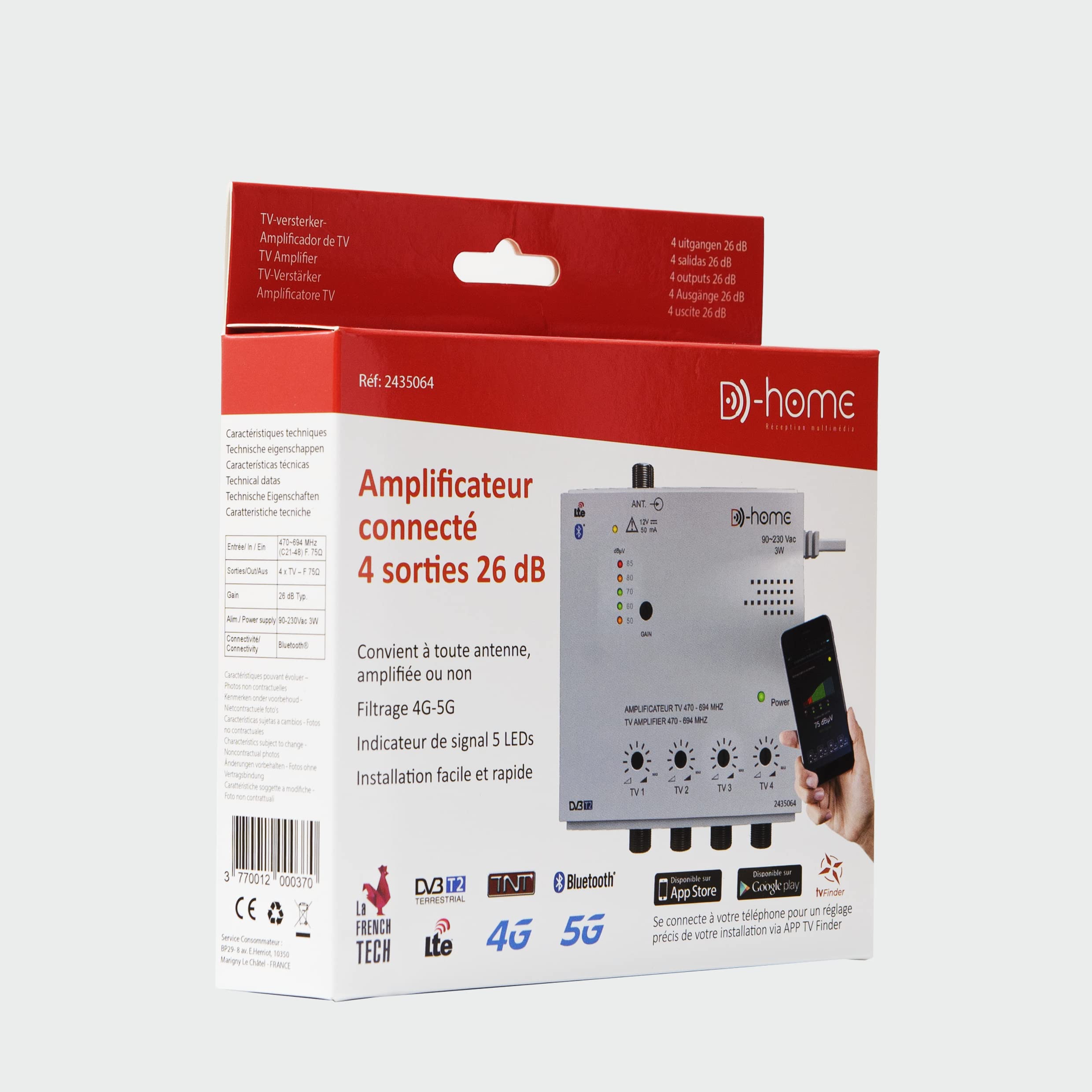 D-Home - Amplificatore TV TNT Interno 4 Uscite 26dB Filtrato 4G-5G, funziona con App TV Finder