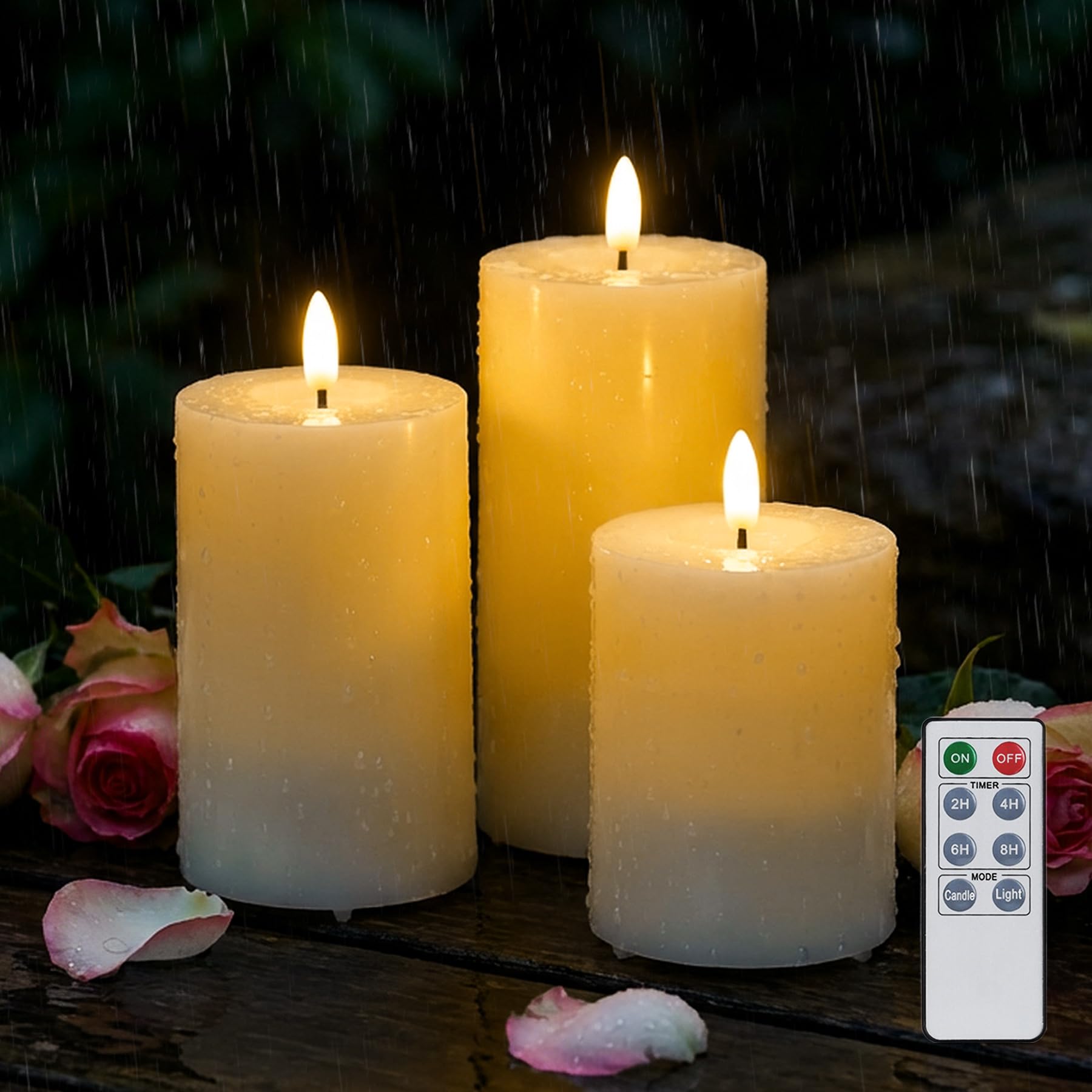 Rhytsing Outdoor Water-Resistant LED Candles with Remote, Battery Operated Candles with Timer for Garden, Porch, and Patio, Flameless Candles Protecting Against Water, Heat and Cold - Set of 3