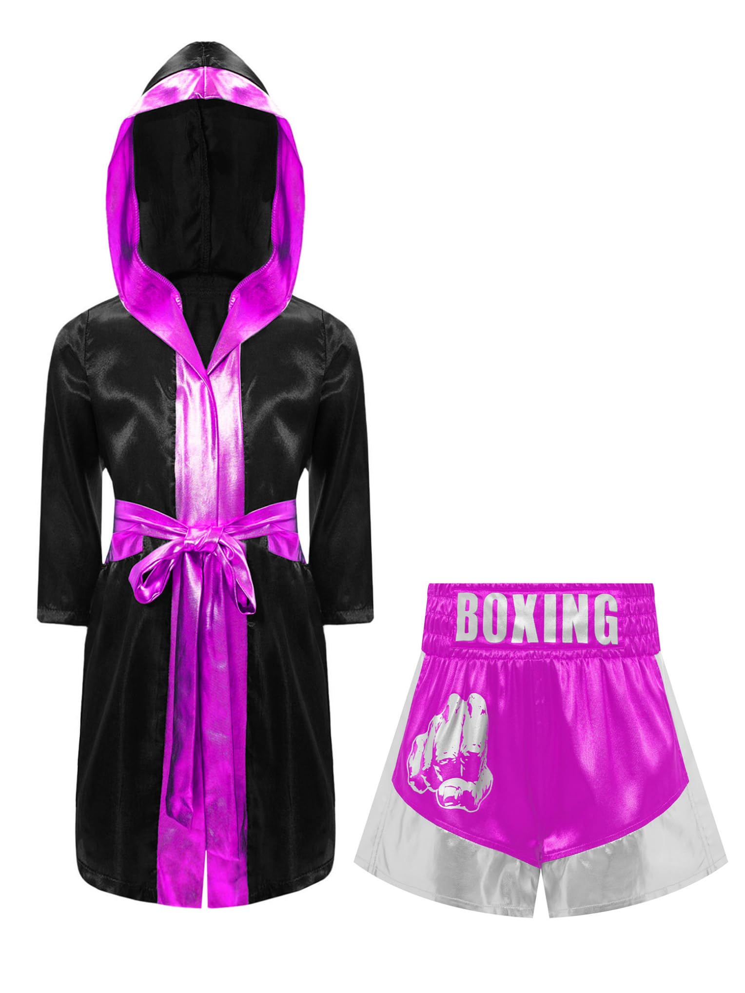 Costume da Pugile per Bambino Boxing Robe Vestaglia Accappatoio con Cappuccio e Cintura + Pantaloncini Muay Thai Kickboxing Abbigliamento Arti Marziali