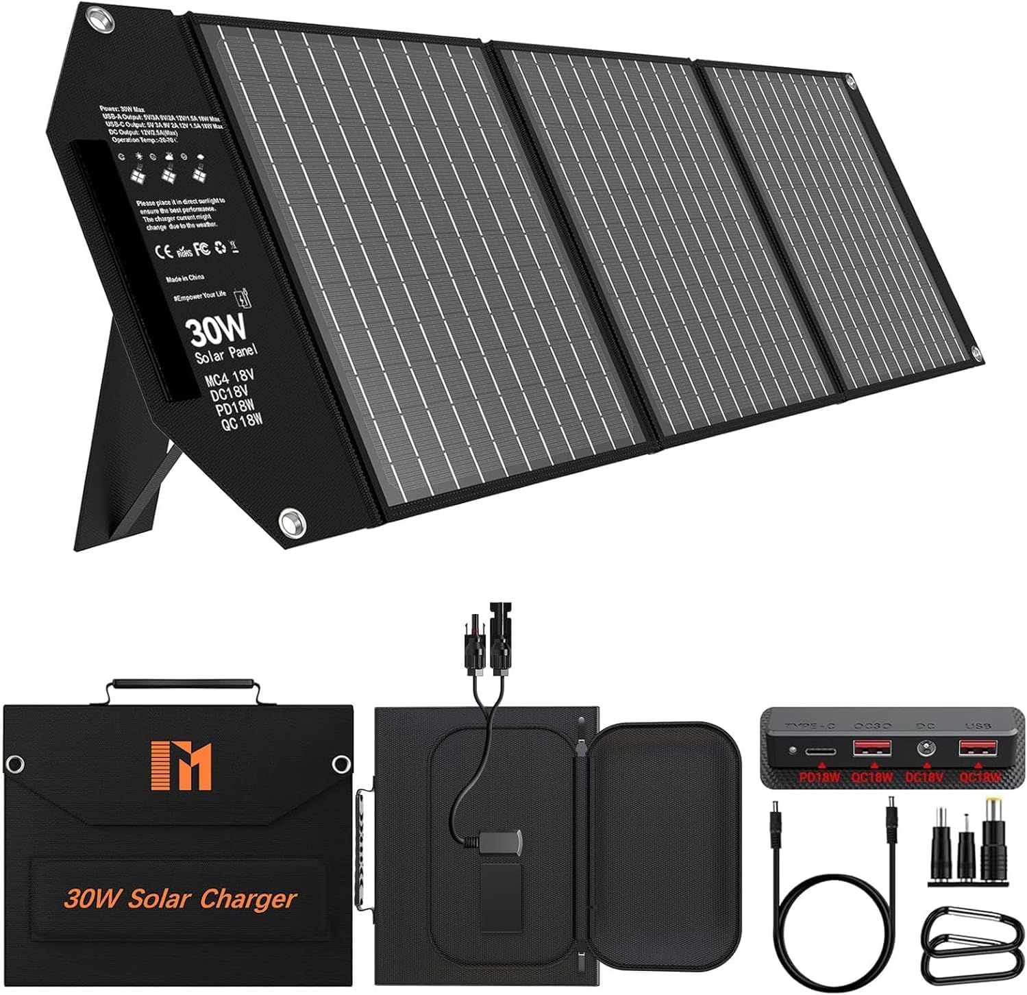 30W Solar Panel Charger Portable Foldable with USB C and USB A 18V MC4 DC Fast Charging for Camping Backpacking Travel iPhone LG Google Cell Phone Power Bank Generator Power Station