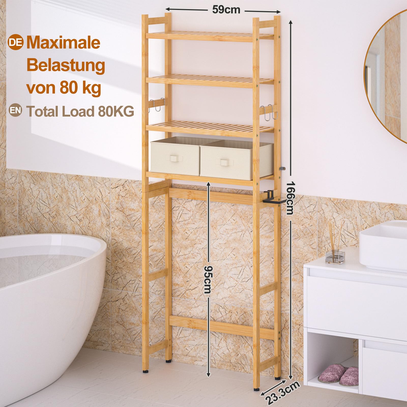 Yorbay 4-Ebenen Bambus Toilettenregal mit 2 Körben, WC Regal über die Toilette mit Toilettenpapierhalter und 4 Haken, Toiletten Regal mit Wasserdichten Fußpads für das Badezimmer (Bambus)