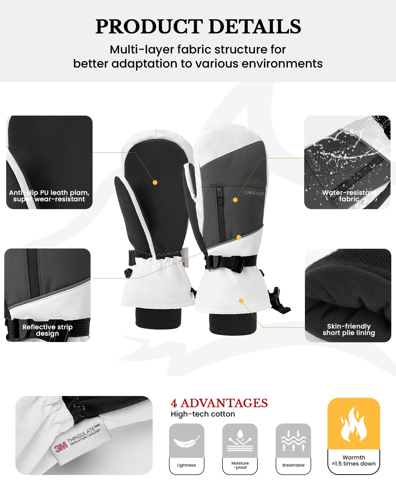 Caracaleap Winter Ski Mittens for Men Women Cold Weather- Warm Snow Mitts Gloves Waterproof & Windproof for Snowboard Snow Sports White M-L